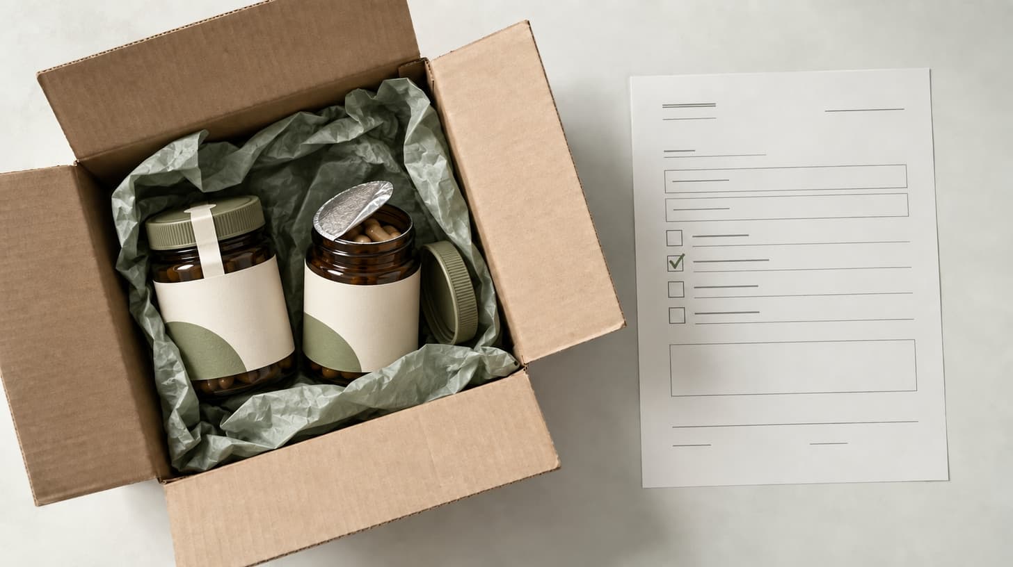 Editorial illustration of a wellness return: sealed and opened supplement jars in a shipping box beside a returns-policy sheet.