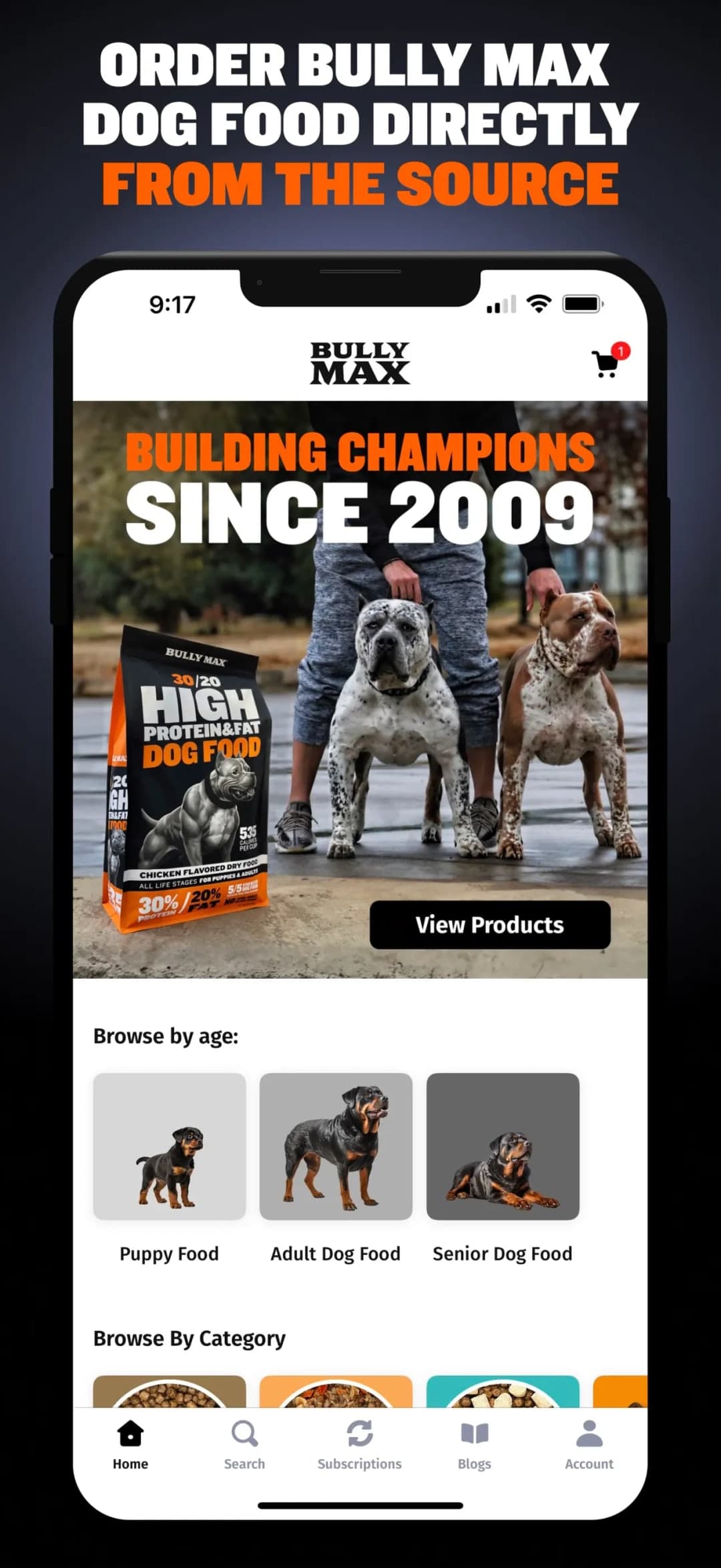 Order direct from the source — the home screen, browsable by the dog's age