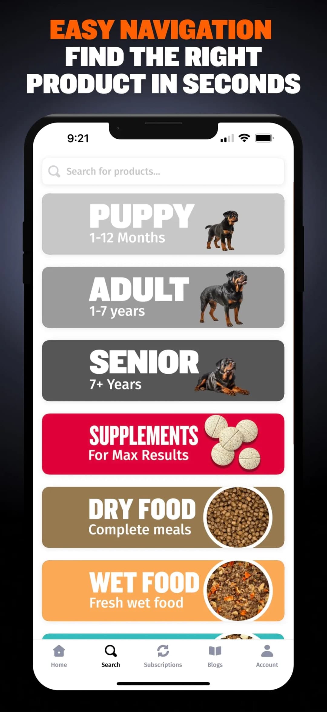 Find the right product in seconds — search opening on puppy, adult and senior