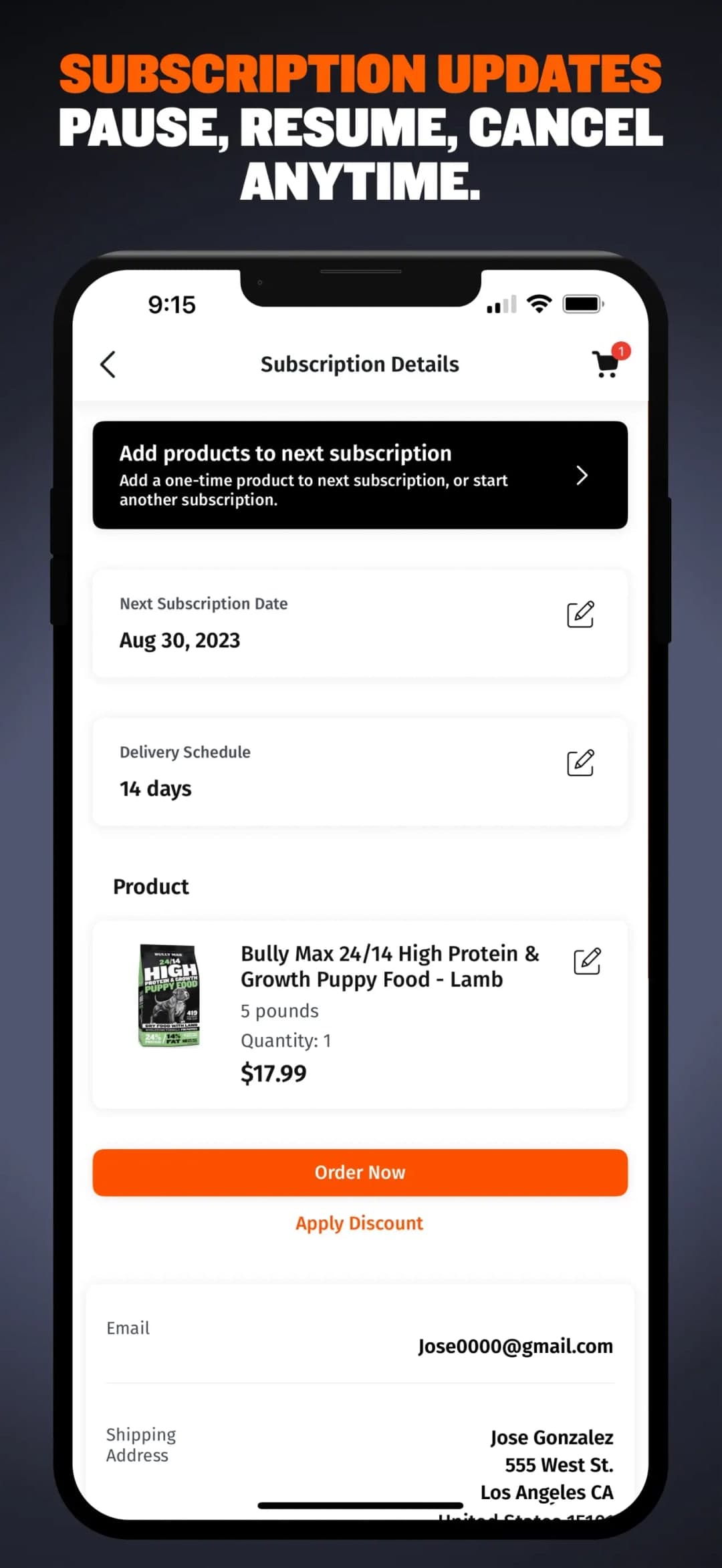 Subscription updates — pause, resume or cancel at any time