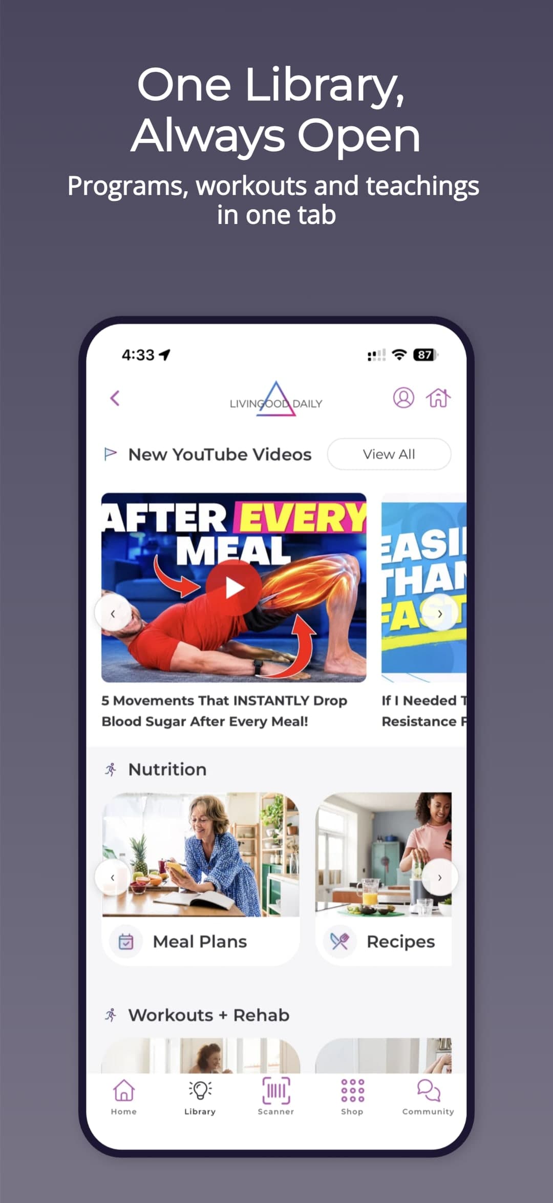 One library, always open — programs, workouts and teachings in one tab