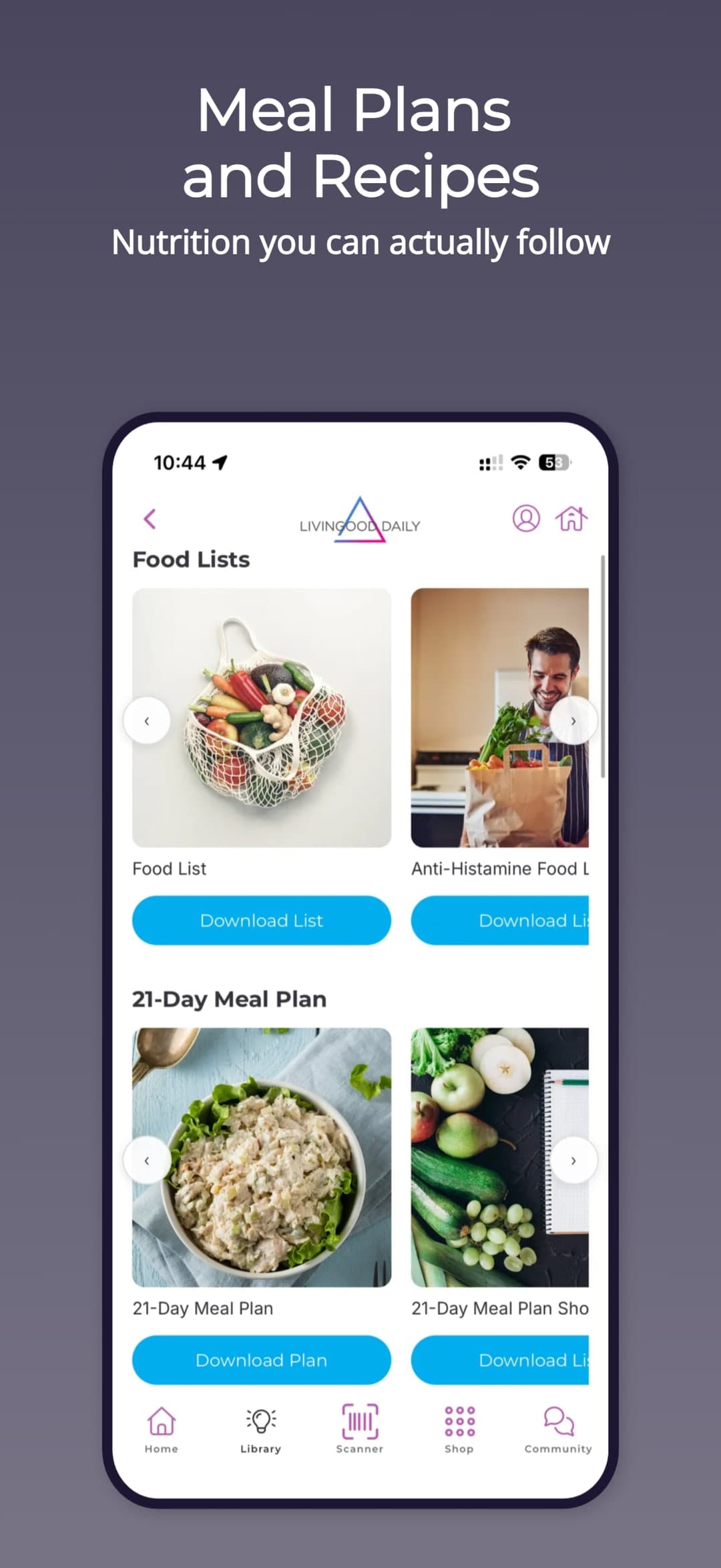 Meal plans and recipes — downloadable food lists and a 21-day plan