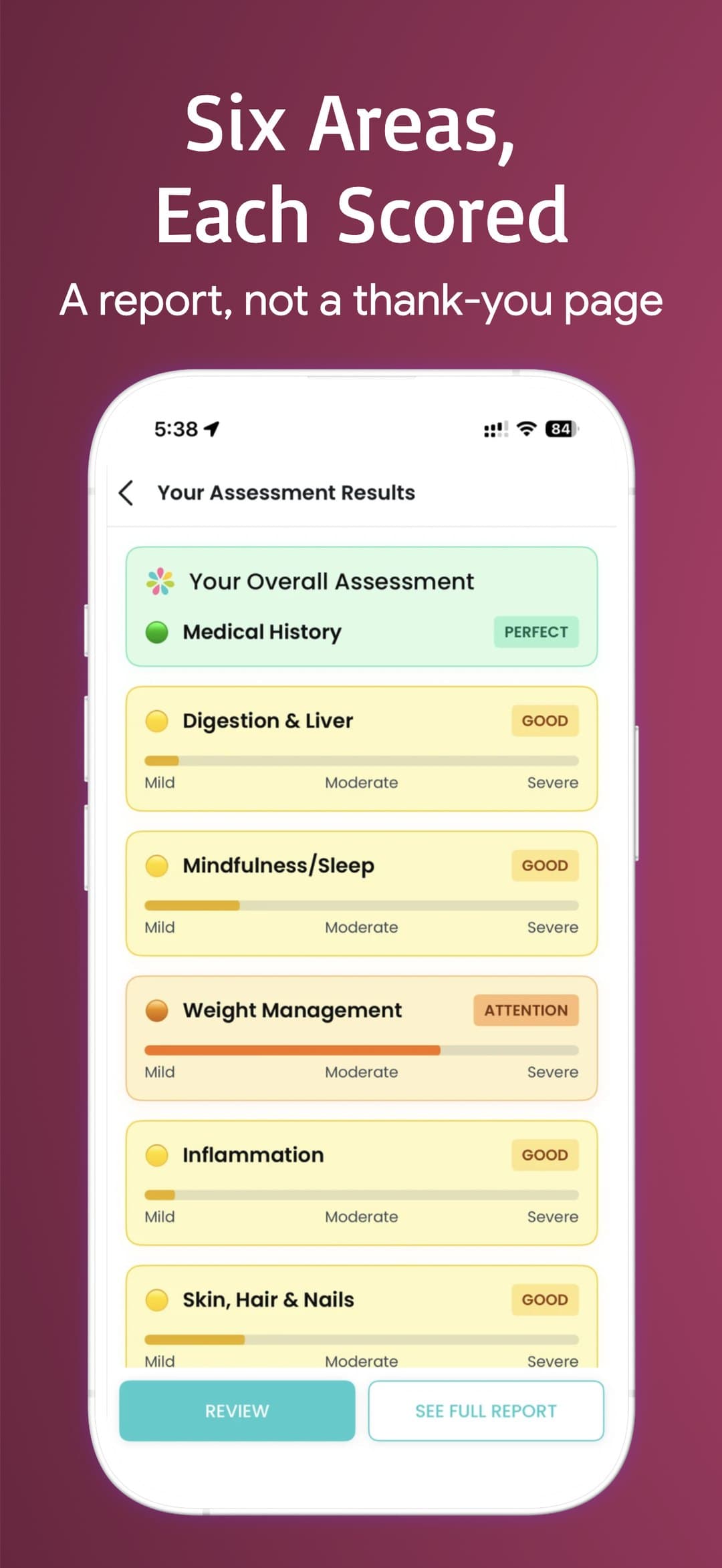 Six areas, each scored — a report rather than a thank-you page