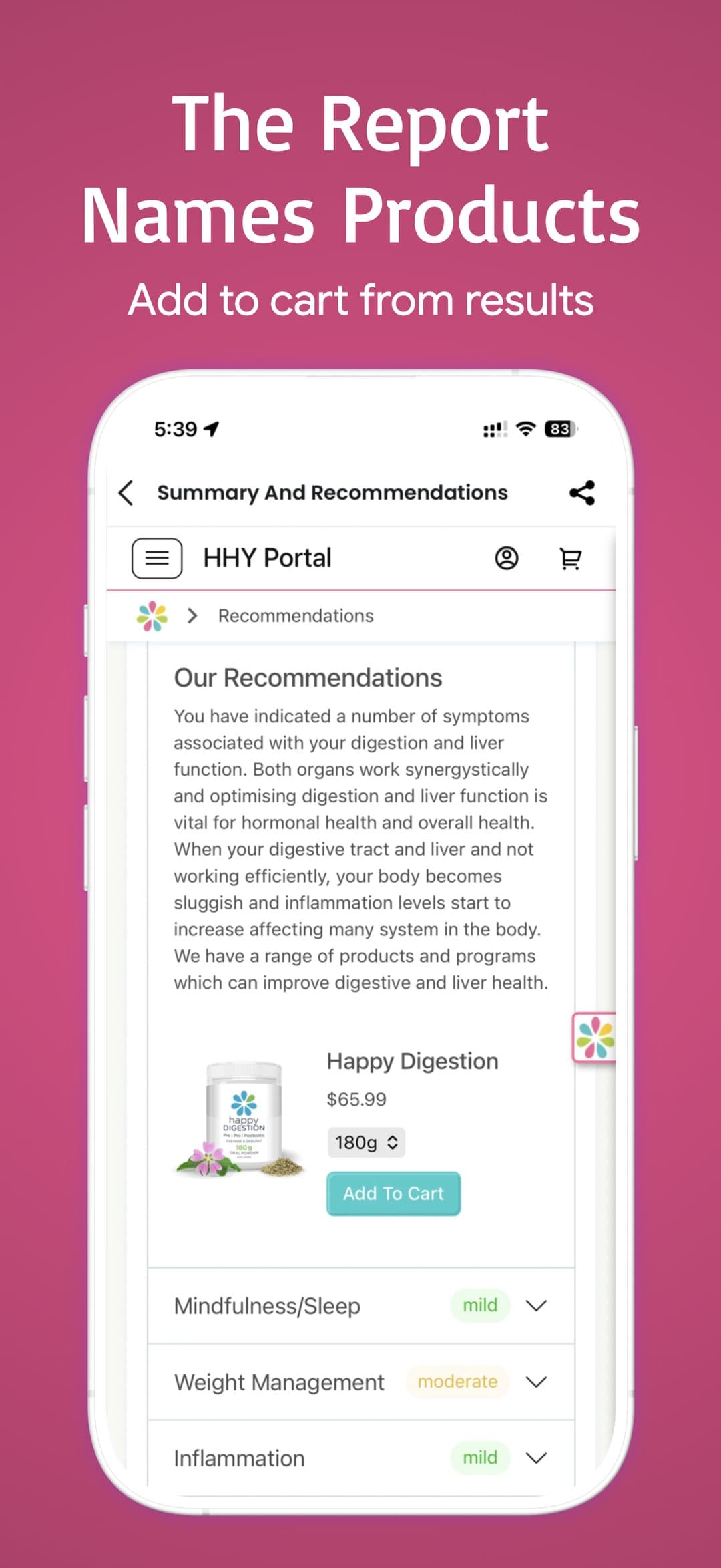 The report names products — add to cart from the results