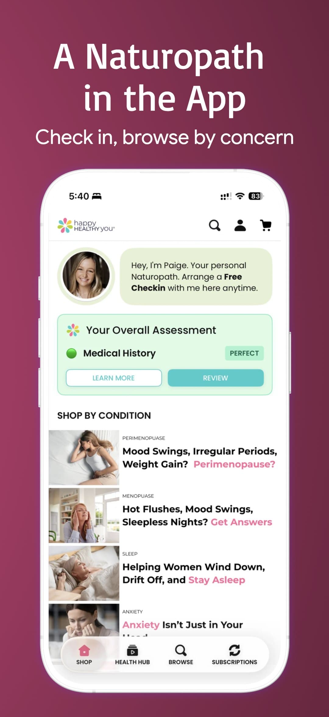 A naturopath in the app — check in, browse by concern