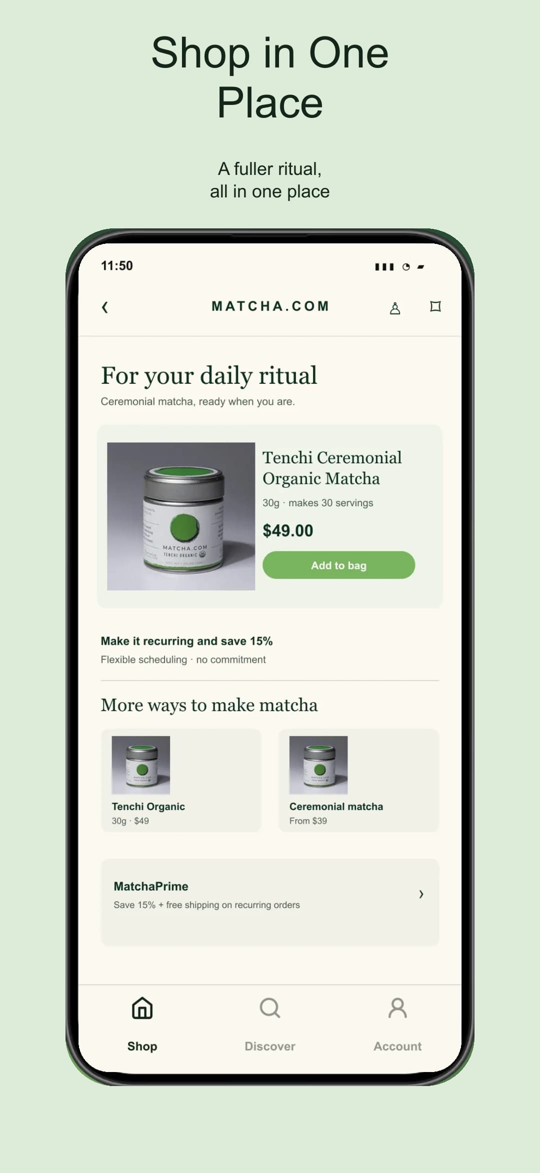 Illustrative Matcha.com shop home featuring Tenchi Ceremonial Organic Matcha