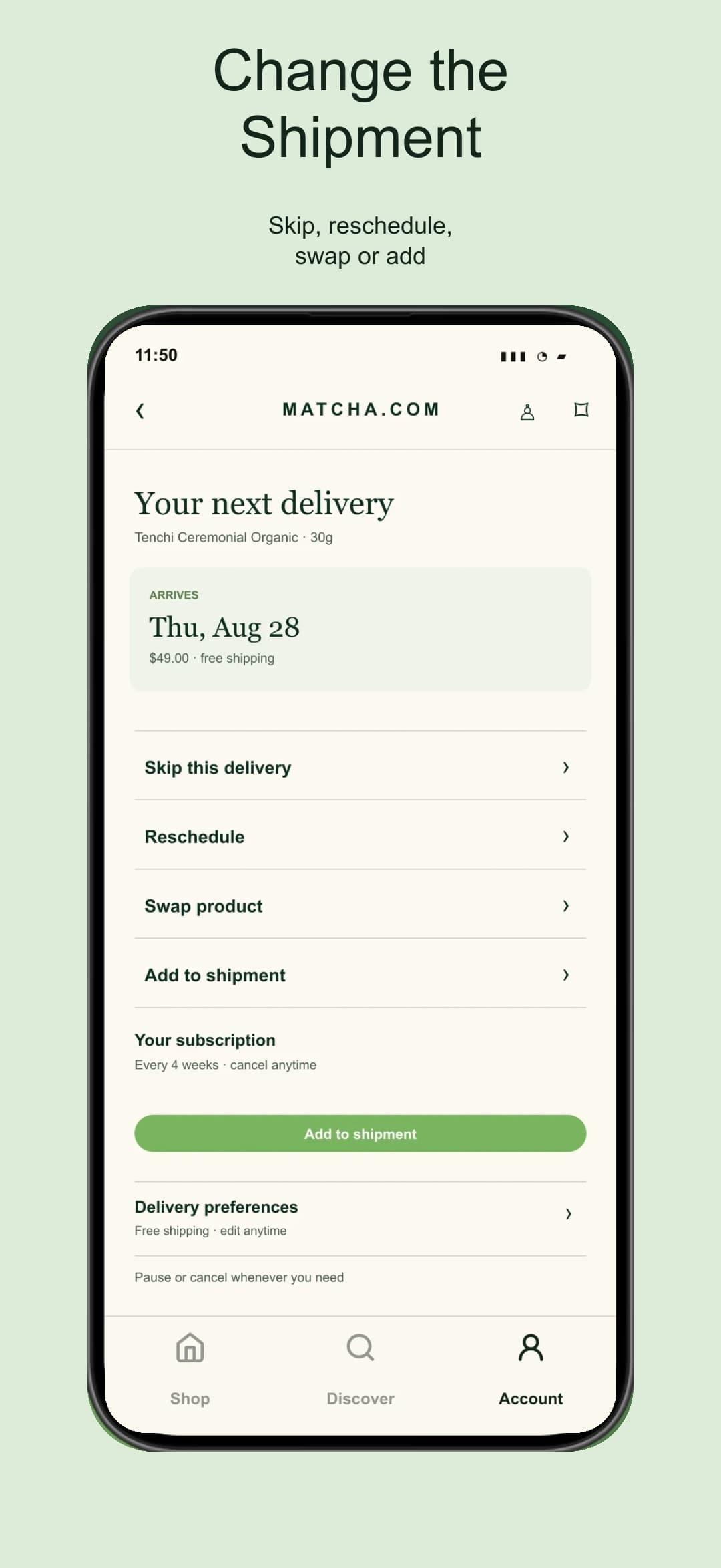 Illustrative delivery controls for skipping, rescheduling, swapping, or adding to a shipment