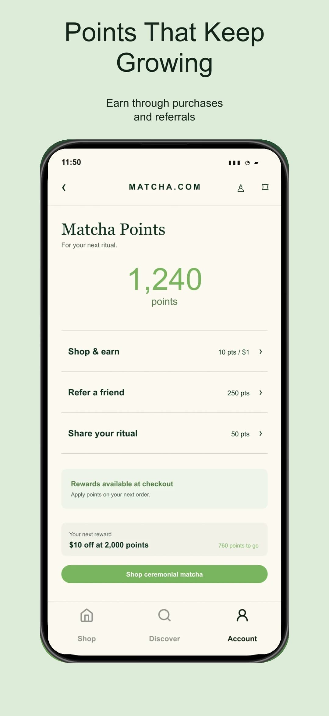 Illustrative Matcha Points balance and earning actions