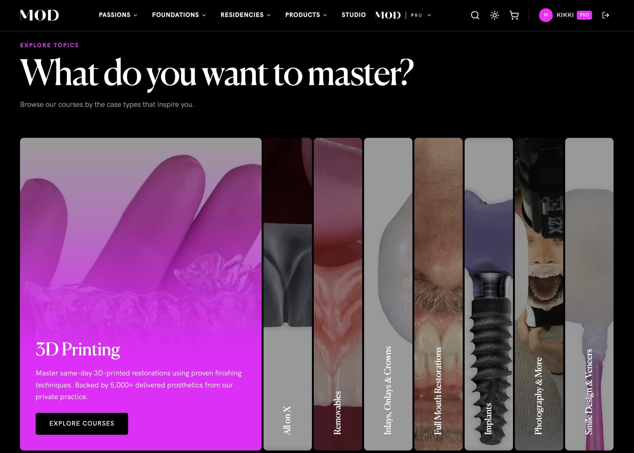 MOD Institute website showing course topics