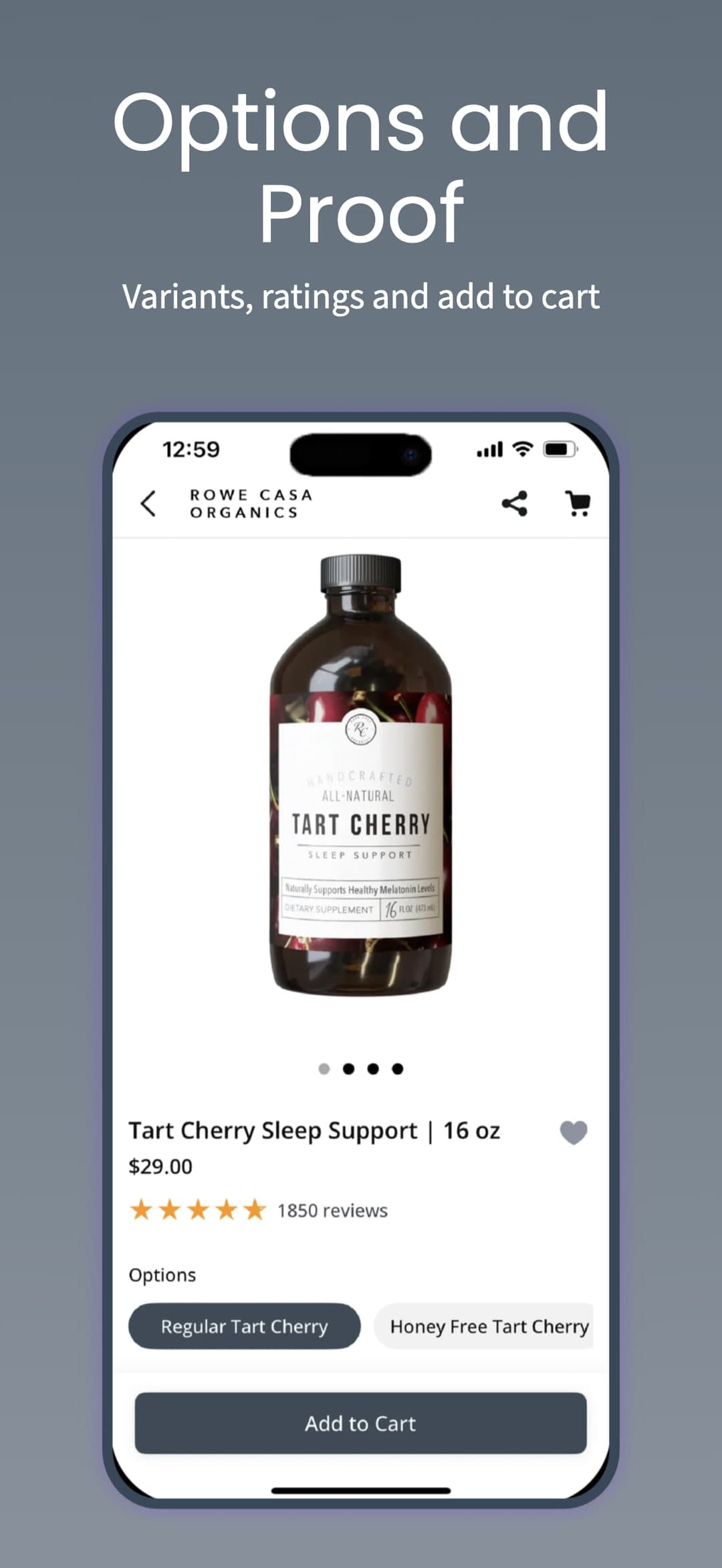 Options and proof — variants, ratings and add to cart