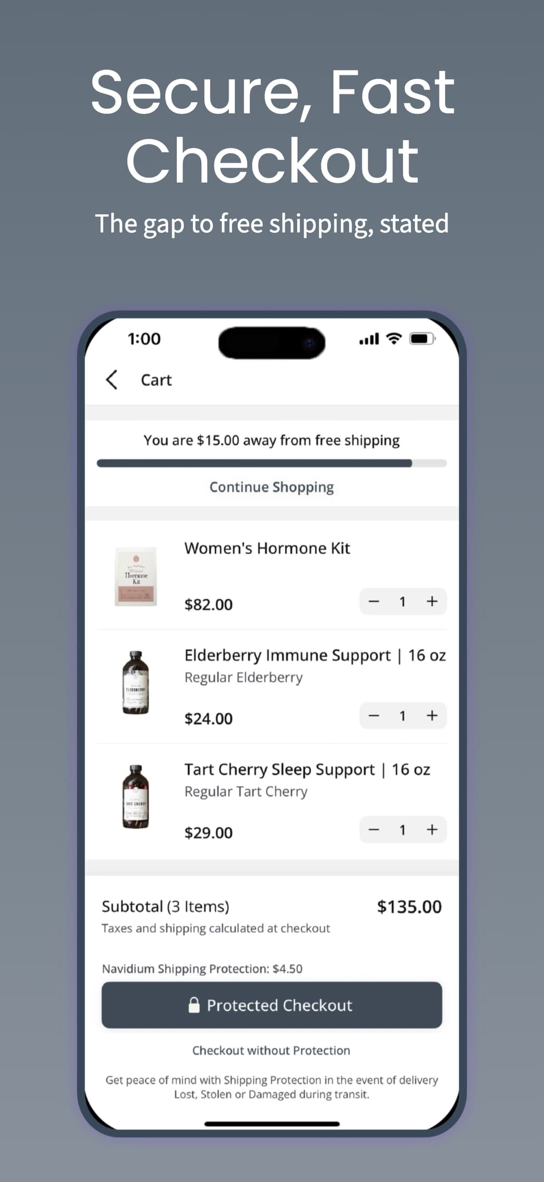 Secure, fast checkout — the gap to free shipping, stated