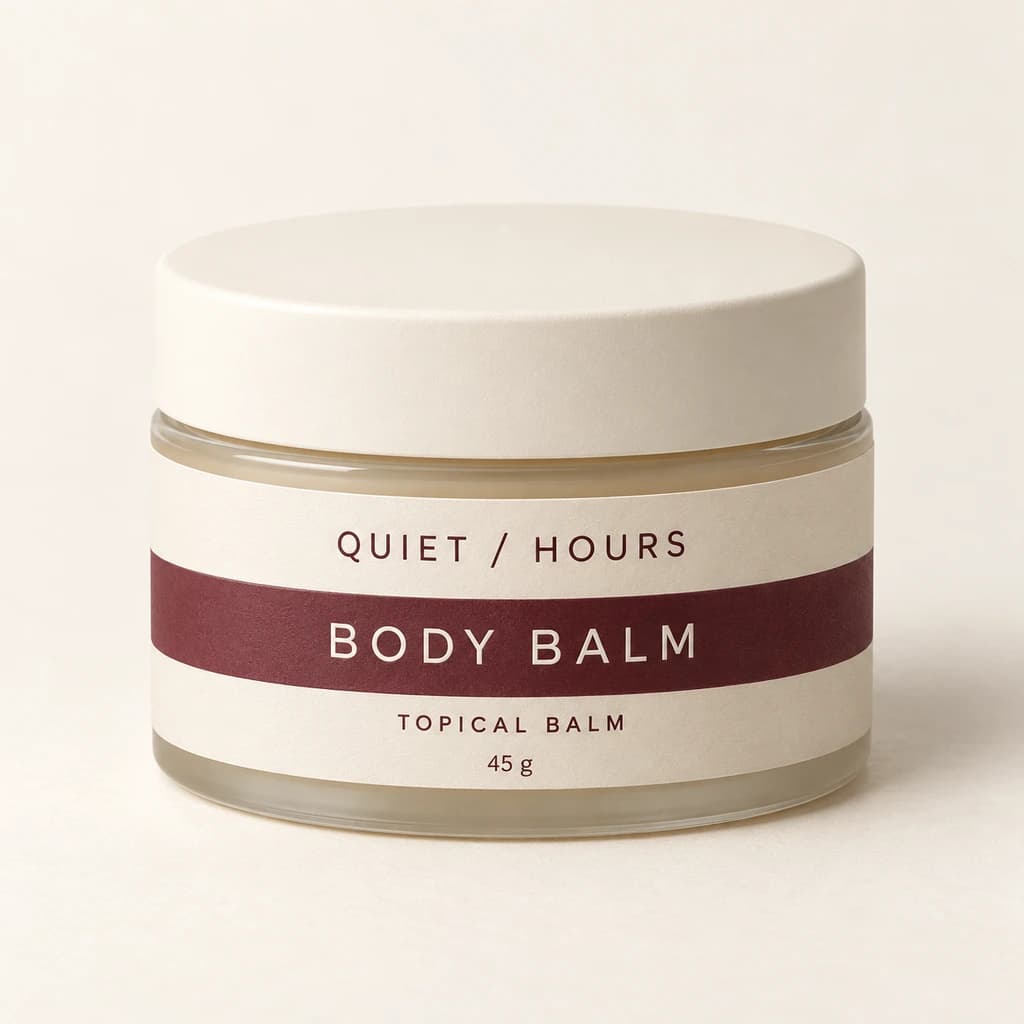 QUIET / HOURS Body Balm, a closed jar labeled Topical Balm and 45 g