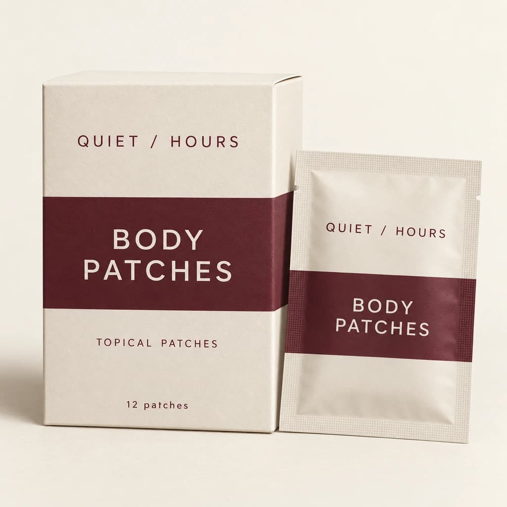 QUIET / HOURS Body Patches, a carton labeled 12 topical patches beside a sealed pouch