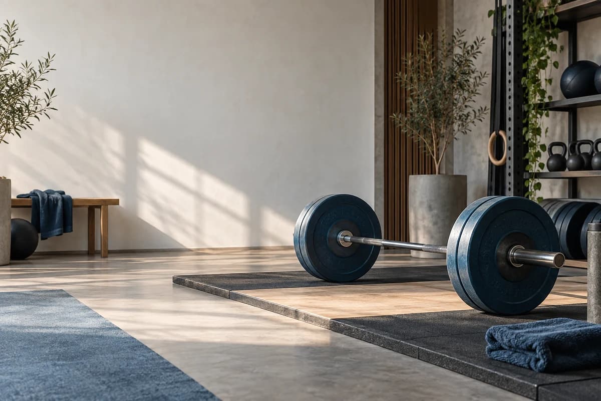 Sunlit training studio with a barbell and blue weight plates