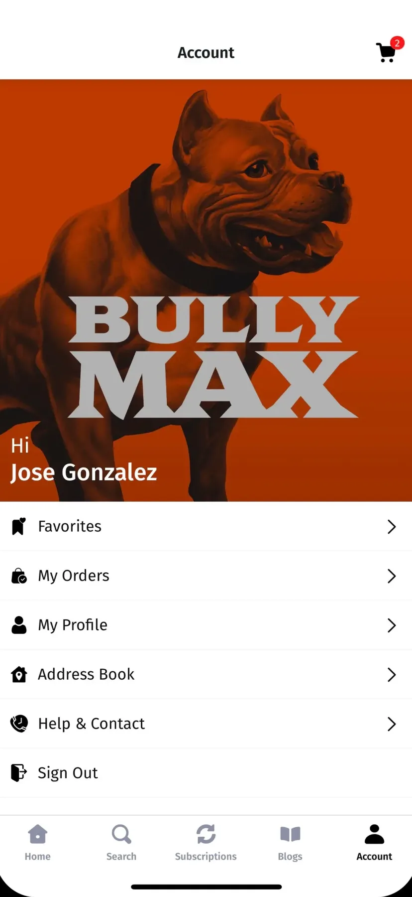 The account screen with orders, favourites, addresses and profile