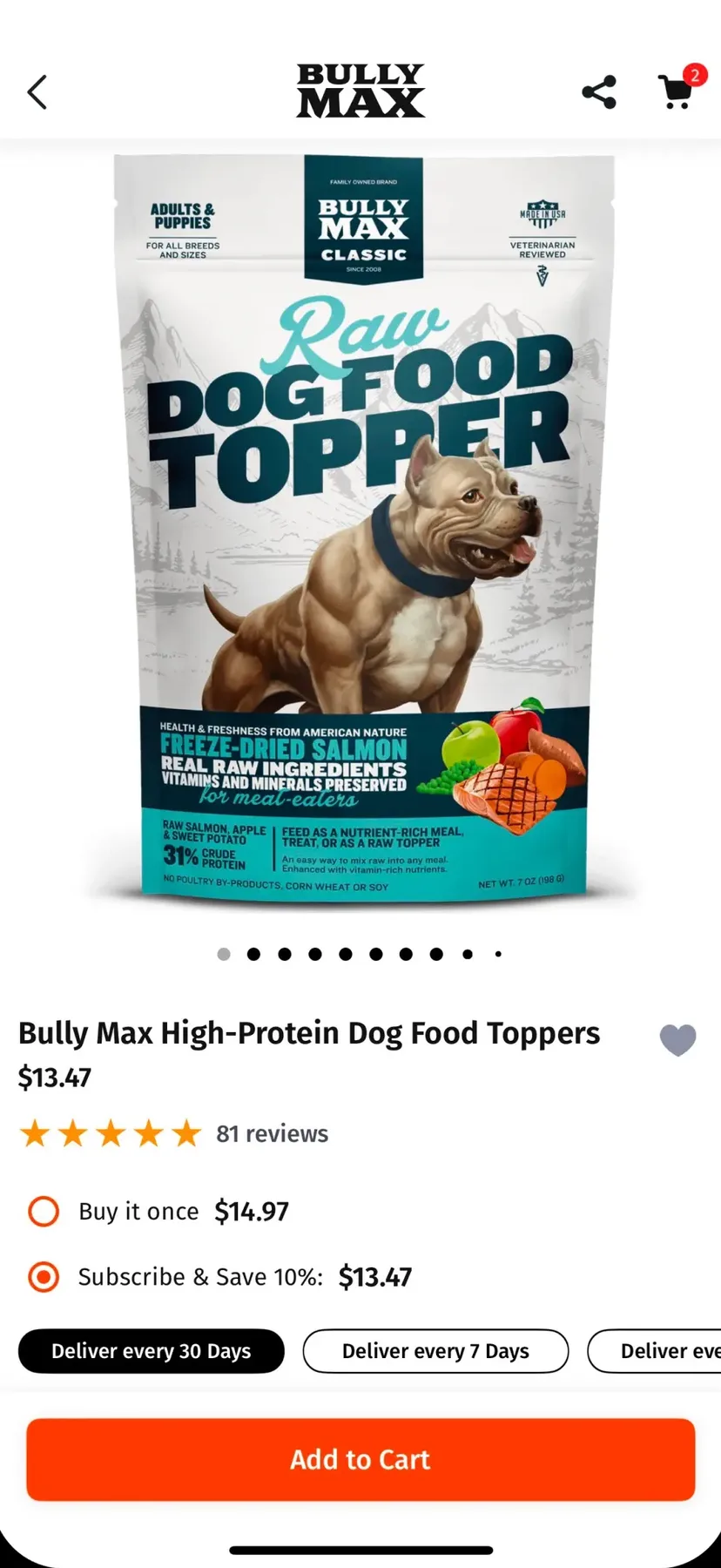 A product page leading with the product image, above price, rating and the recurring option