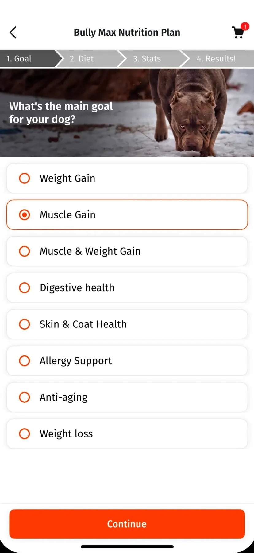 The Bully Max Nutrition Plan builder, showing four numbered steps and a goal question