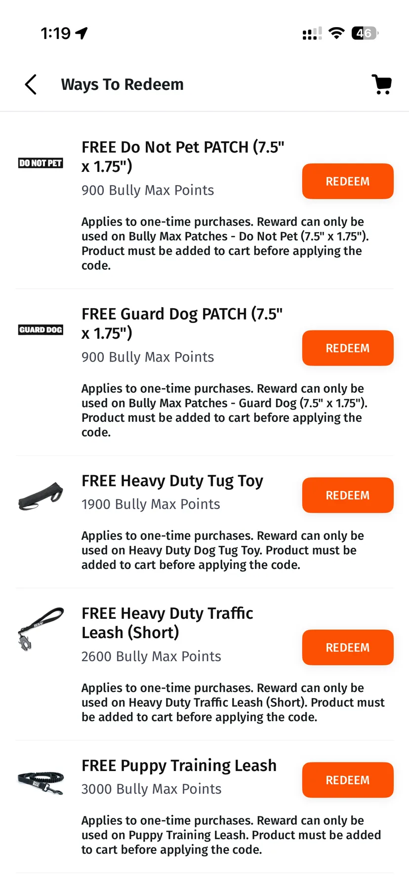 A redemption list of gear — patches, a tug toy and leashes — each with its points cost