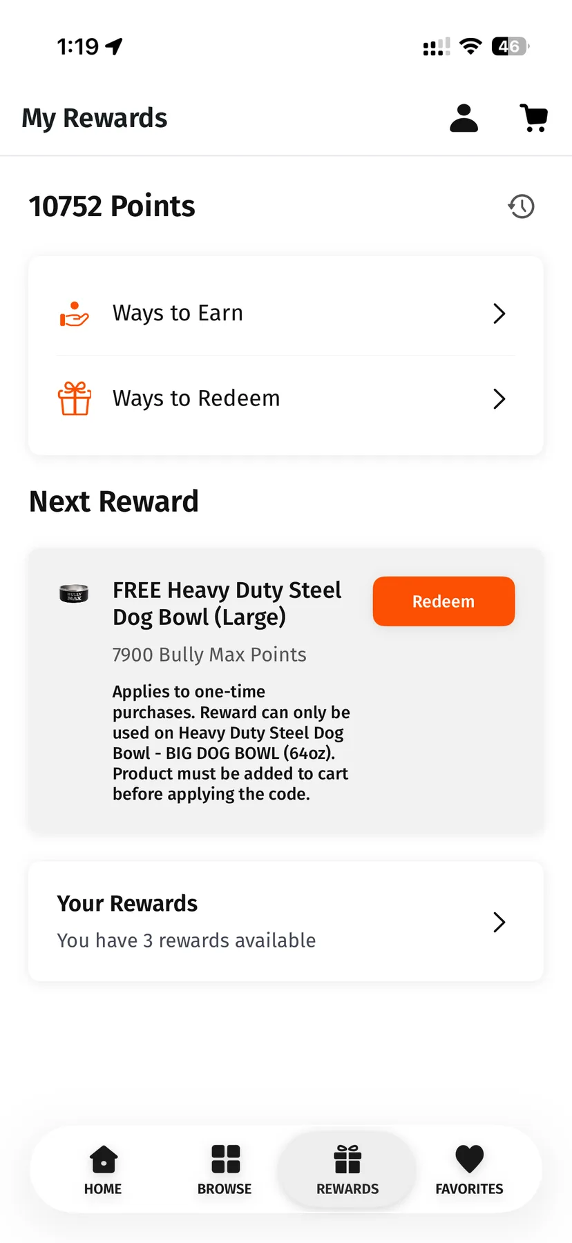 A rewards screen with a points balance, ways to earn, ways to redeem, and the next reward named with its cost
