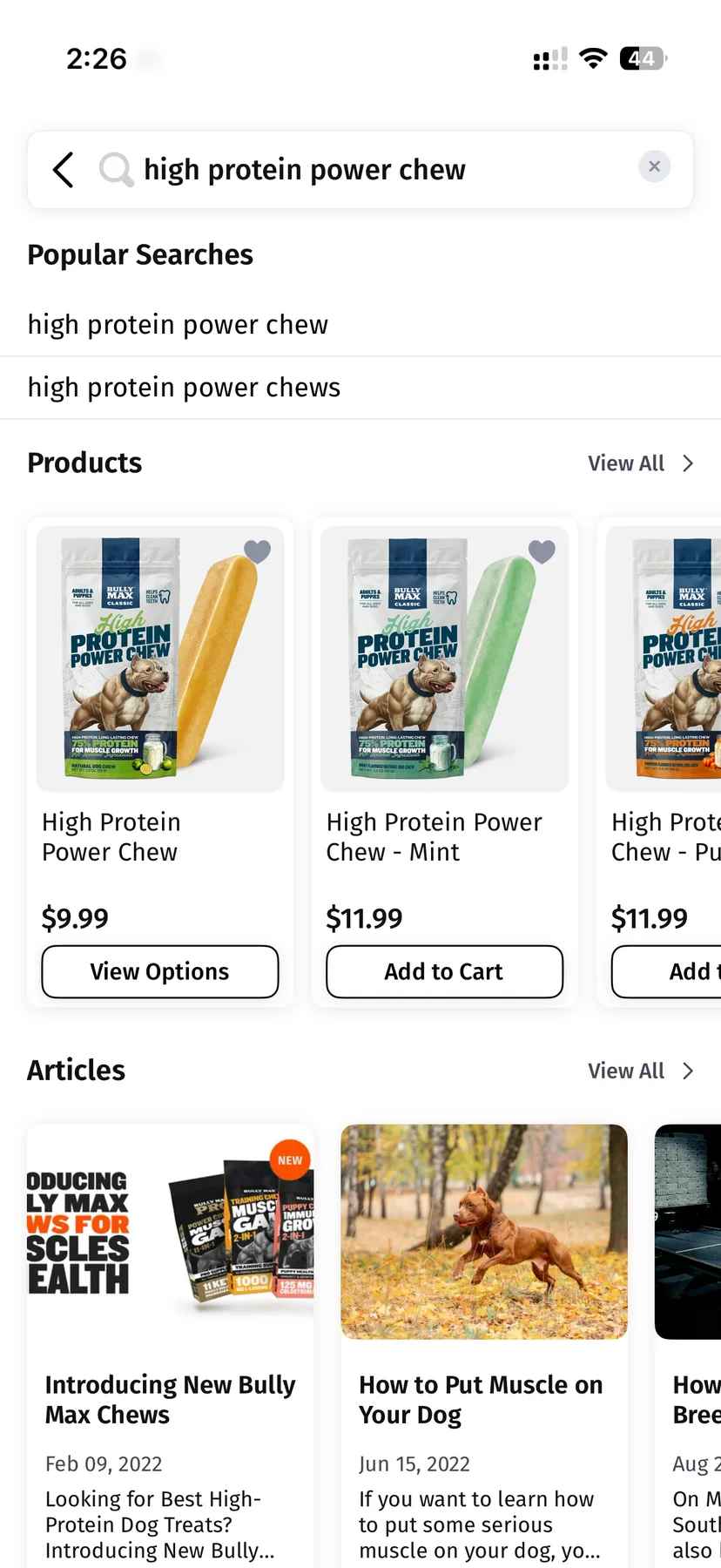 A search returning popular searches above matching products and related articles