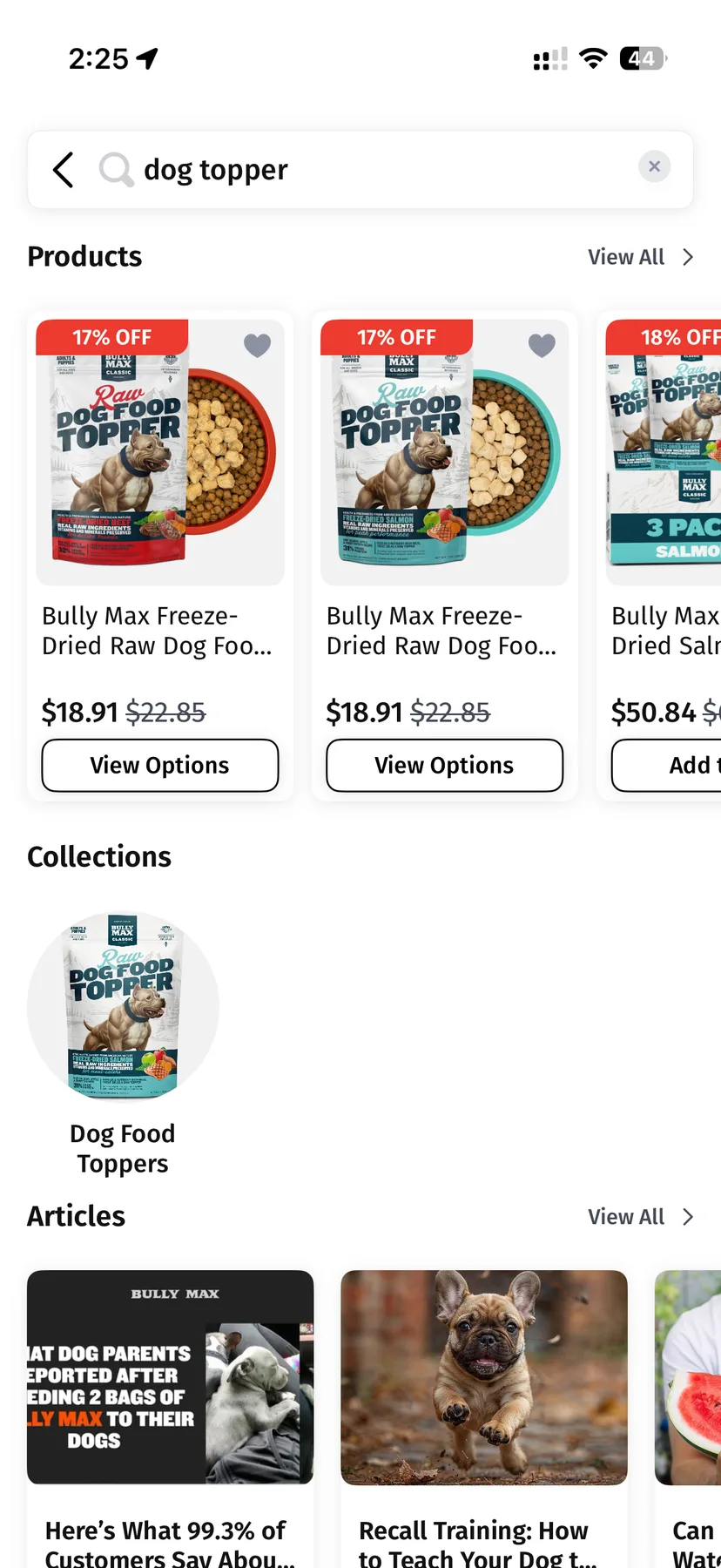 A search returning products, the collection they belong to, and related articles
