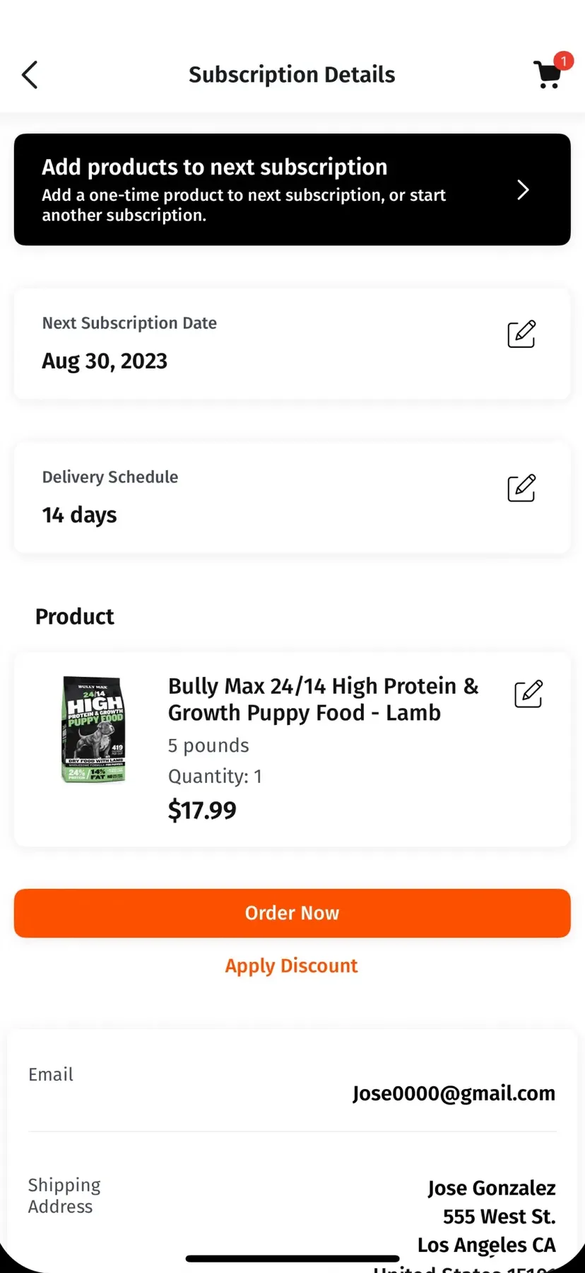 Subscription details with an editable next date, interval and products, and an option to add to the next shipment