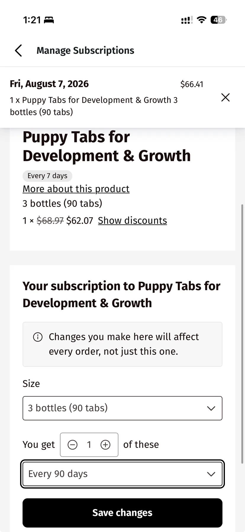 The subscription edit sheet with size, quantity and delivery interval controls, and a notice that changes affect every order