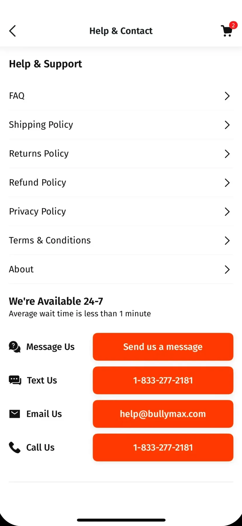 A support screen offering message, text, email and call, with the current wait time stated