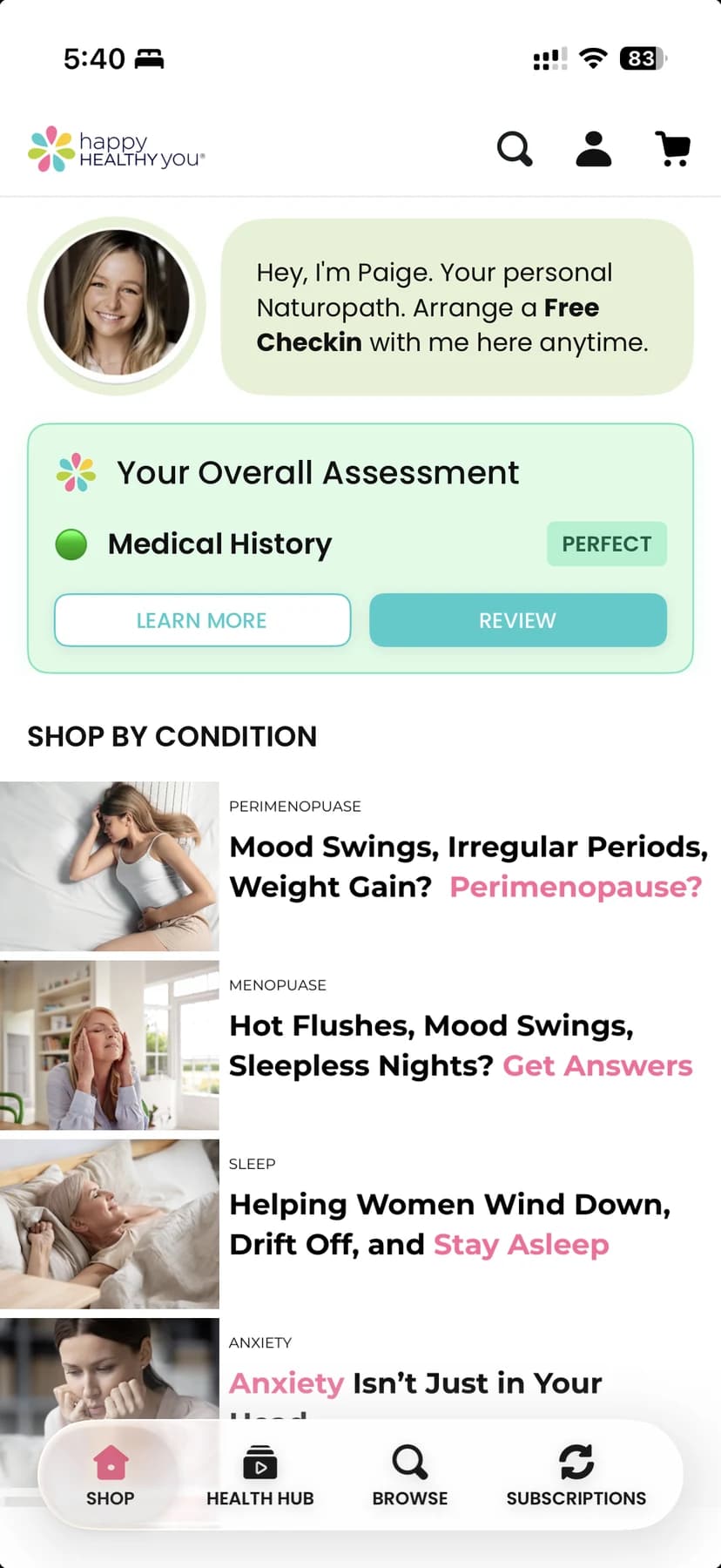 An in-app naturopath check-in above concern-led browsing
