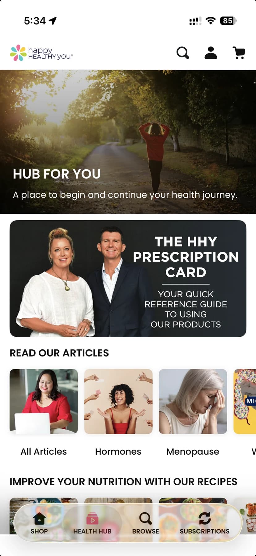The Health Hub with articles grouped by topic and recipes