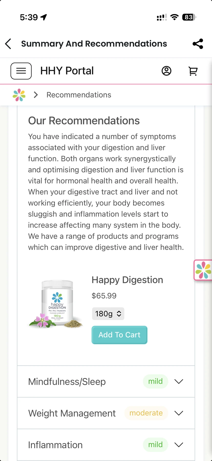Happy Healthy You recommendation with a product and add to cart