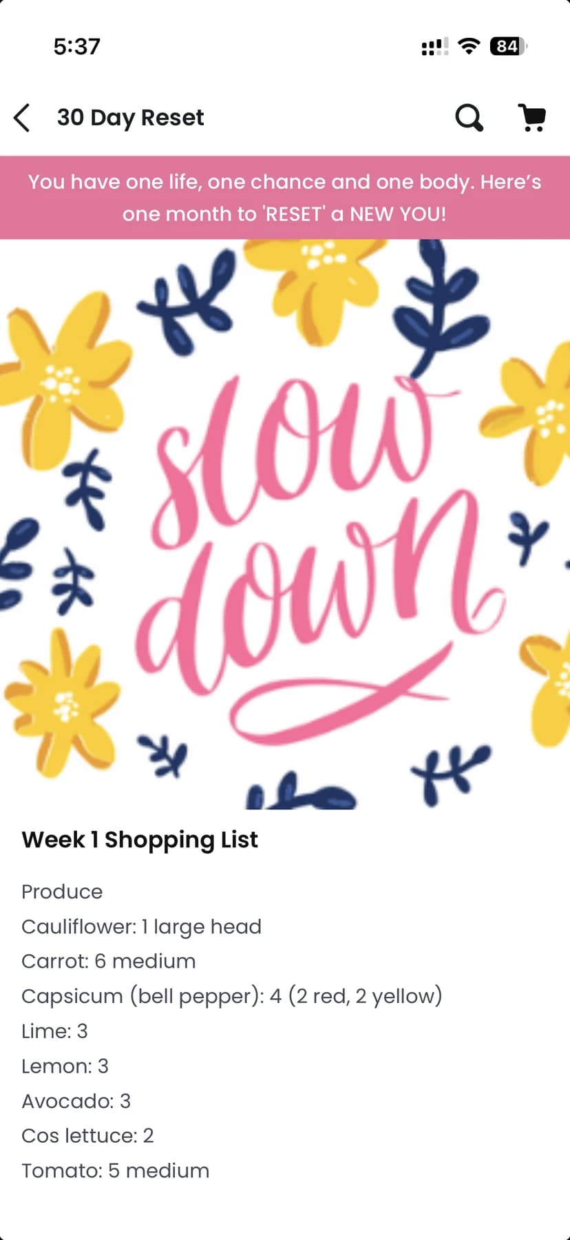 A week of the programme with its produce shopping list