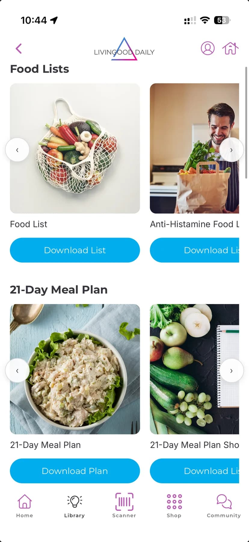 Food lists and the 21-Day Meal Plan, each downloadable in the app