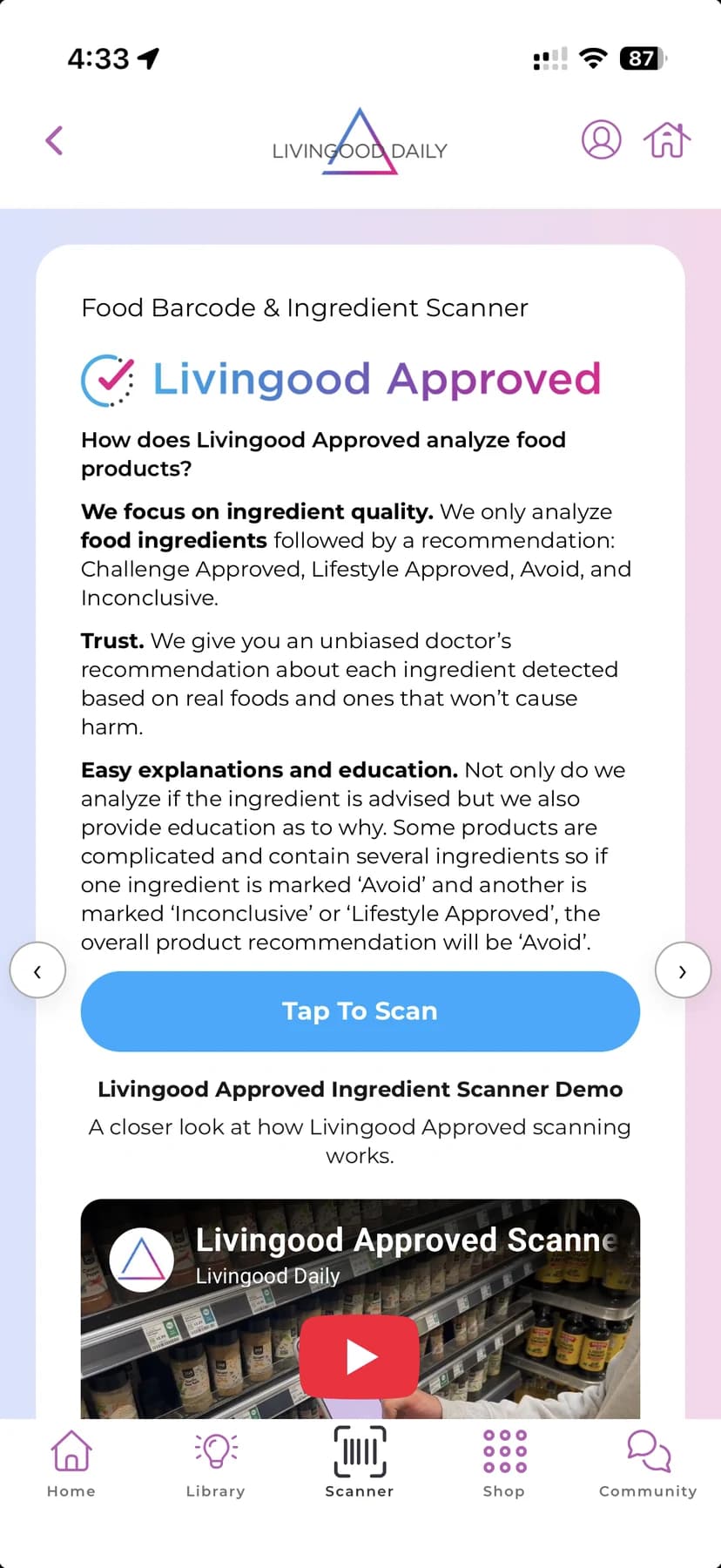 Livingood Approved barcode and ingredient scanner explaining how it judges a product
