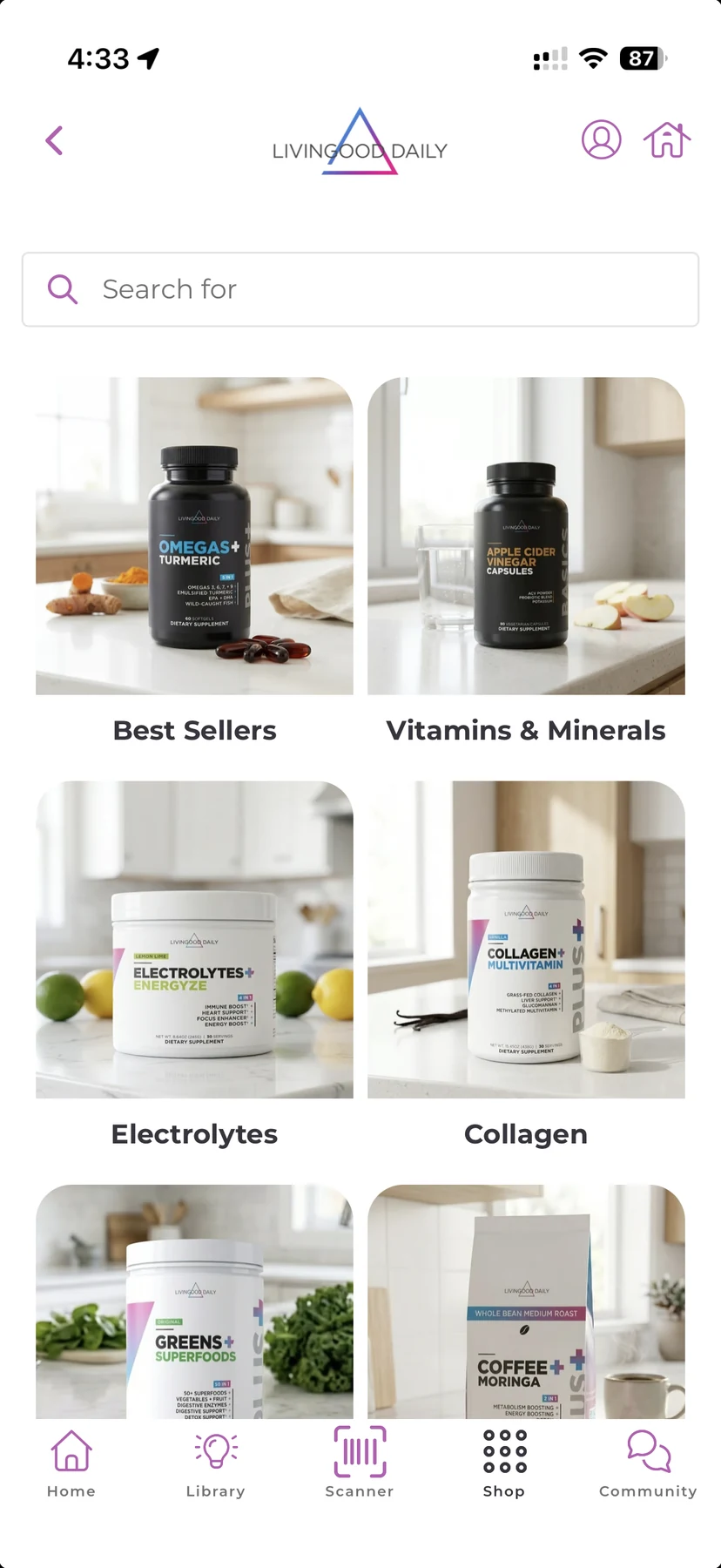 Livingood Daily in-app catalog of supplements and wellness products