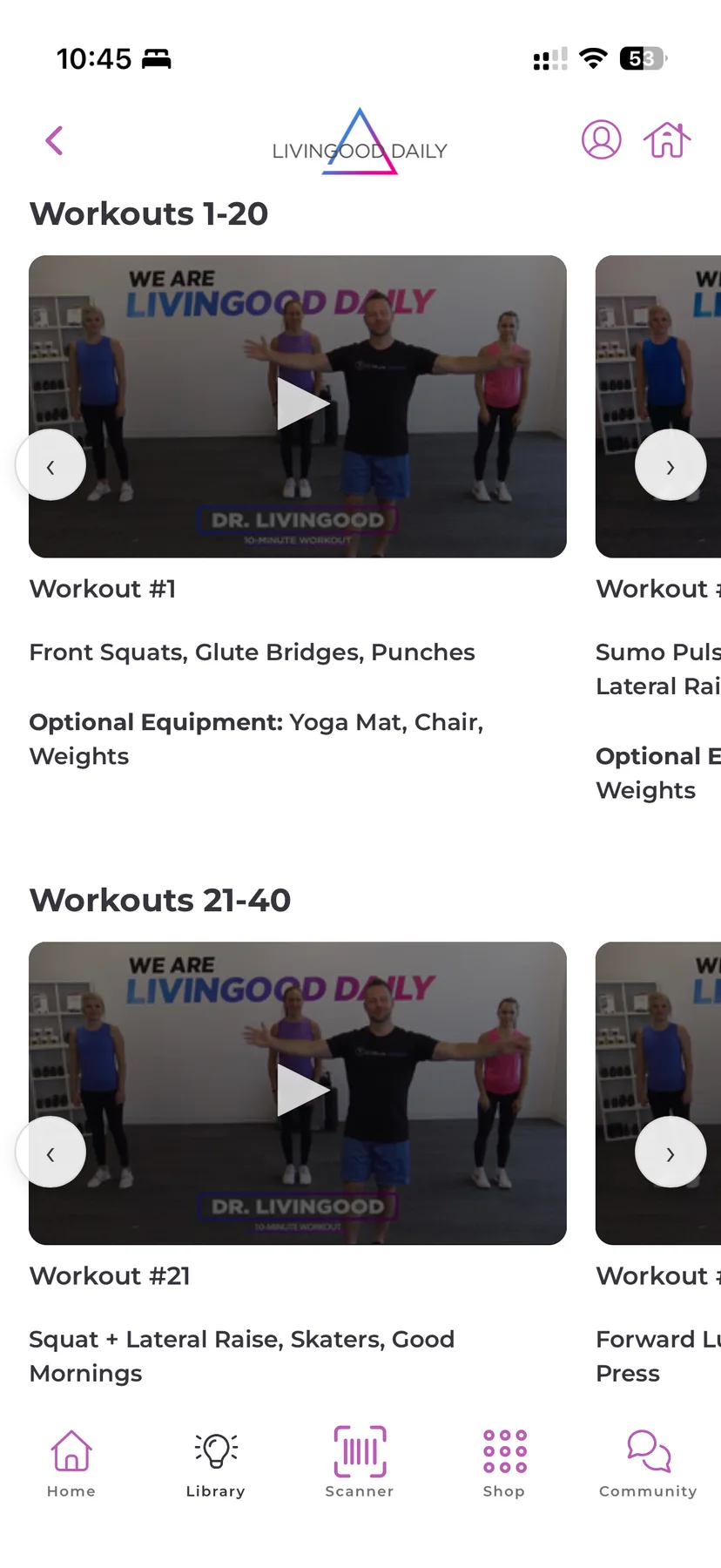 Workouts grouped in twenties, each naming its exercises and optional equipment