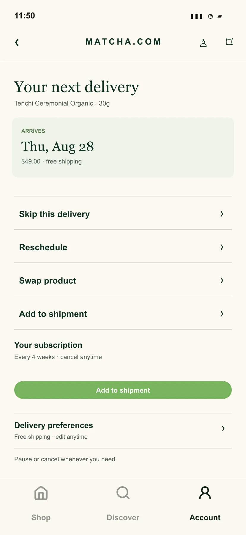 Illustrative Matcha.com delivery controls for skipping, rescheduling, swapping, and adding to a shipment