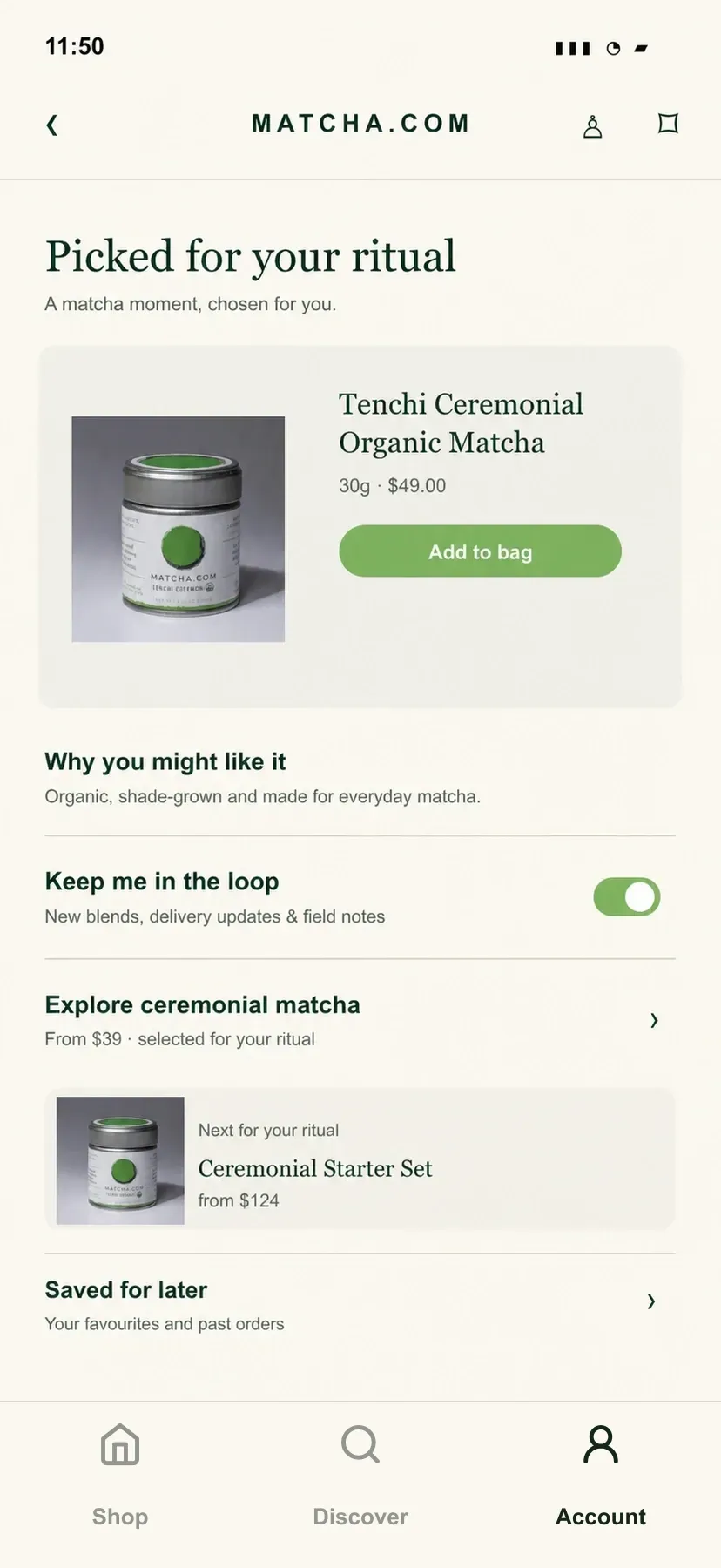Illustrative Matcha.com recommendations and notification preferences