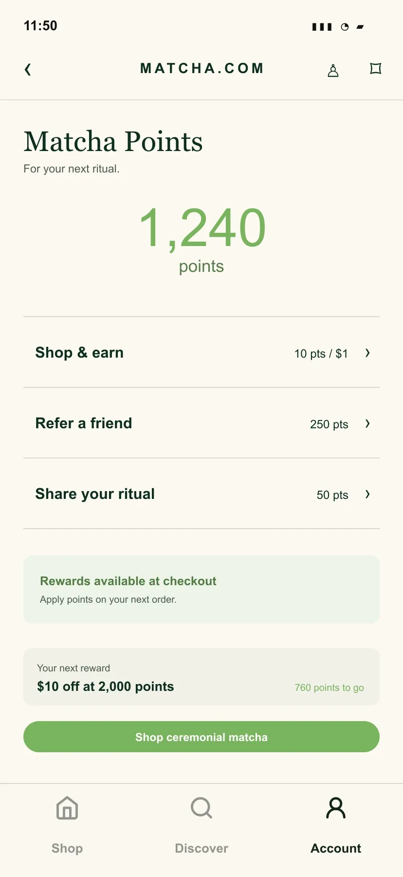 The Matcha Points balance with ways to earn