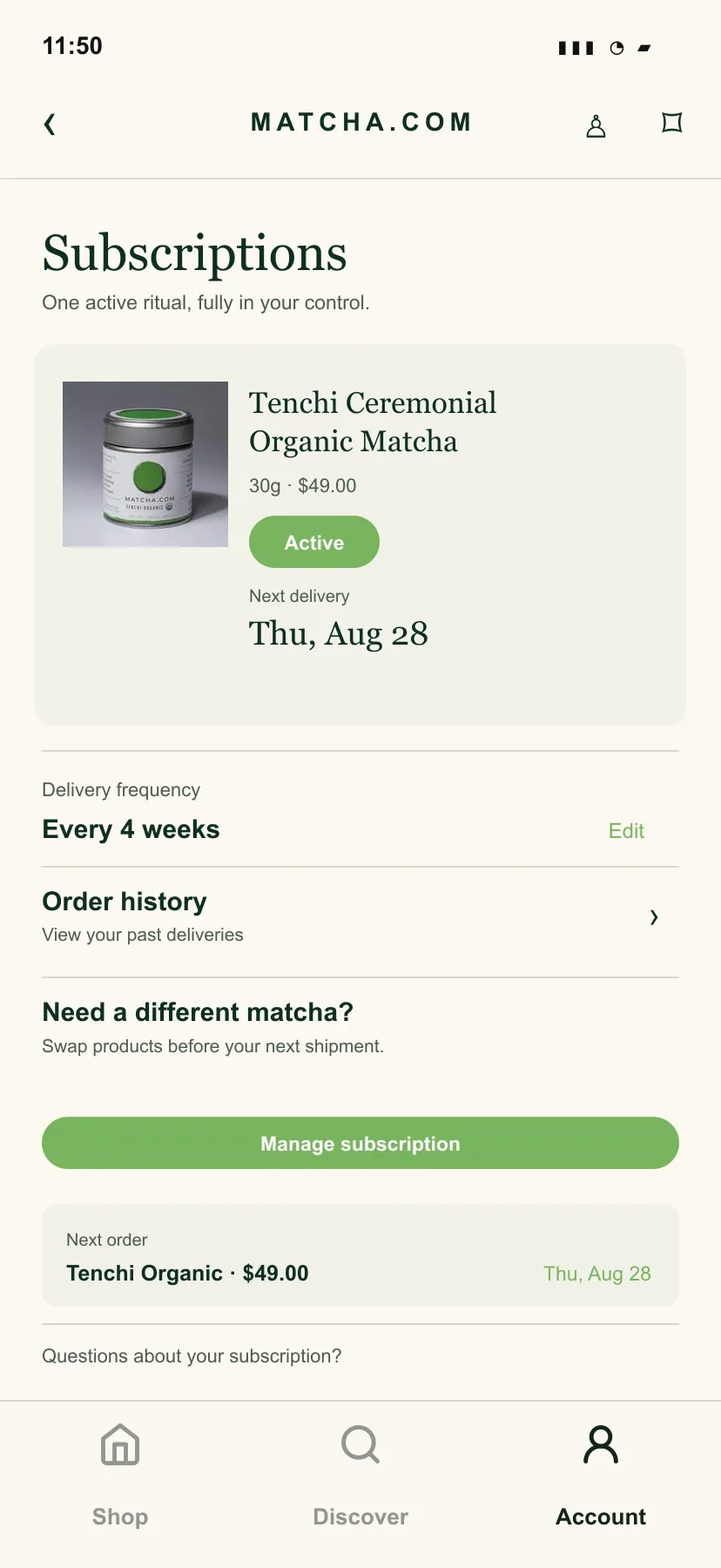 Illustrative Matcha.com subscription list with an active order and next delivery date