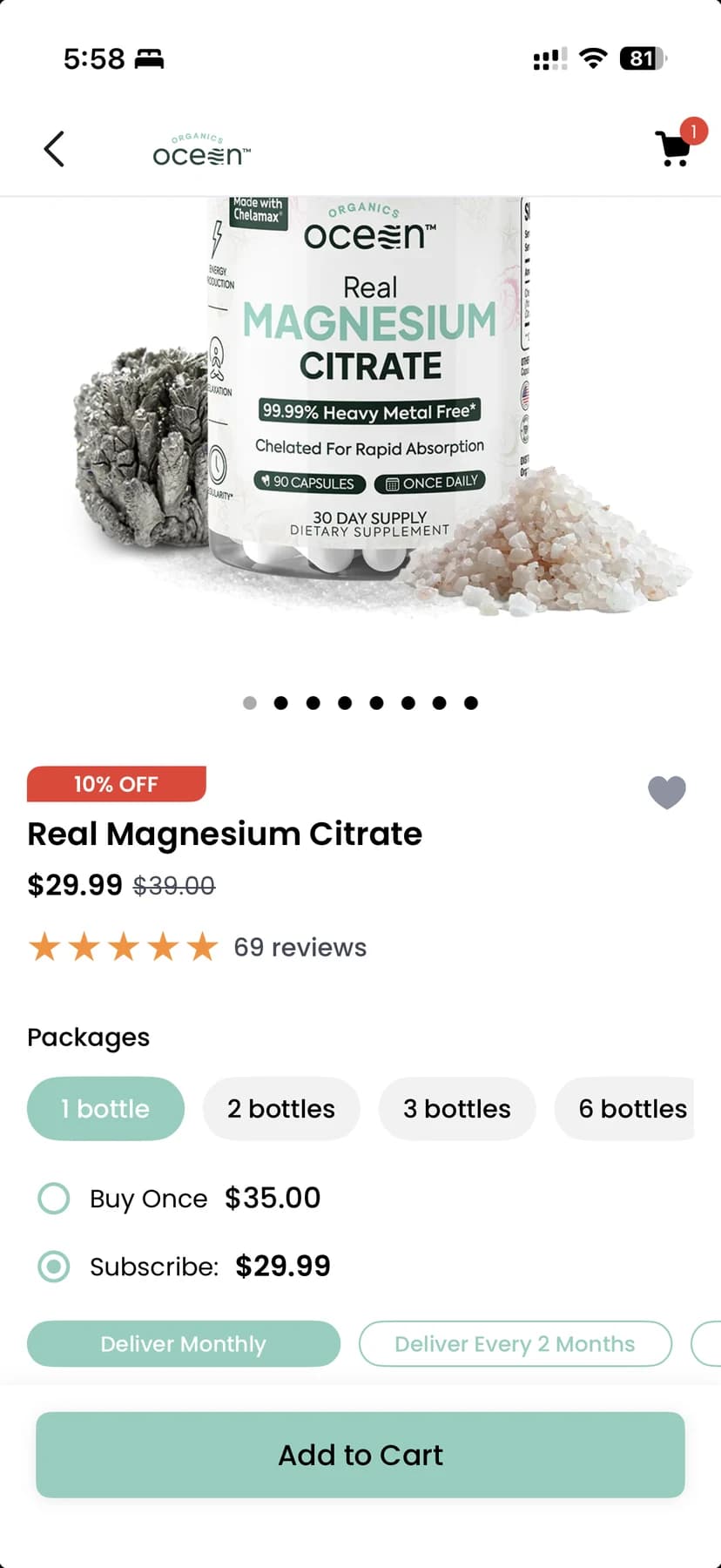 A product page with packages, buy-once and subscribe pricing