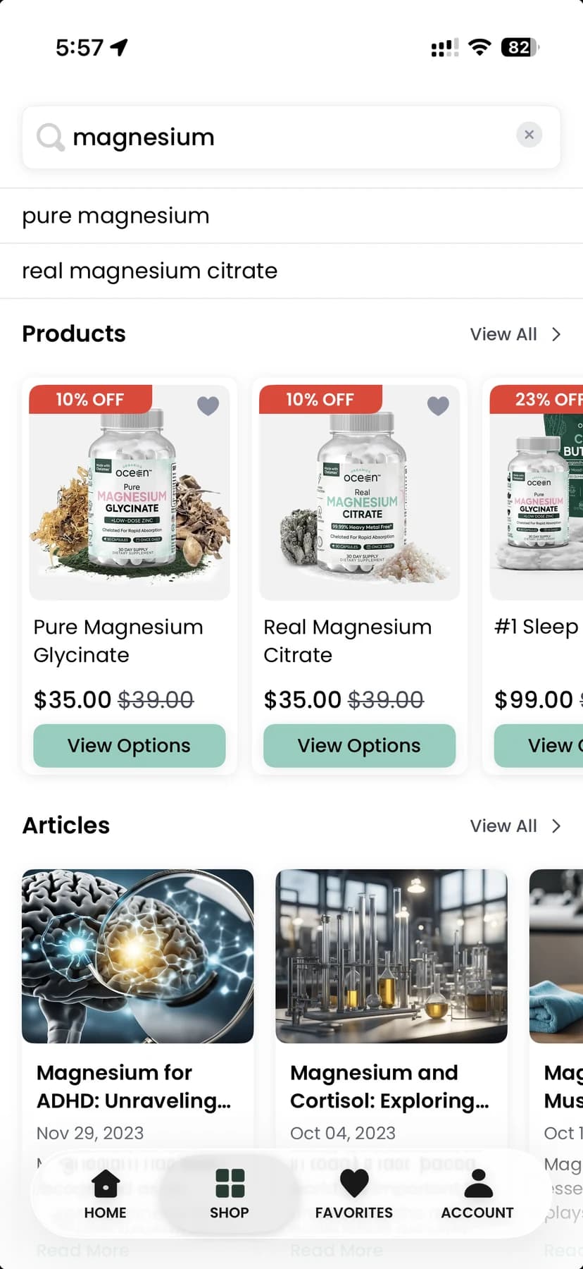 A search returning both products and articles