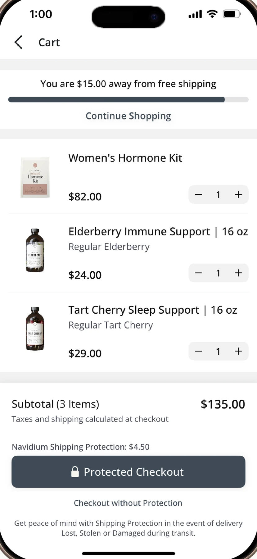A cart showing progress toward free shipping and shipping protection