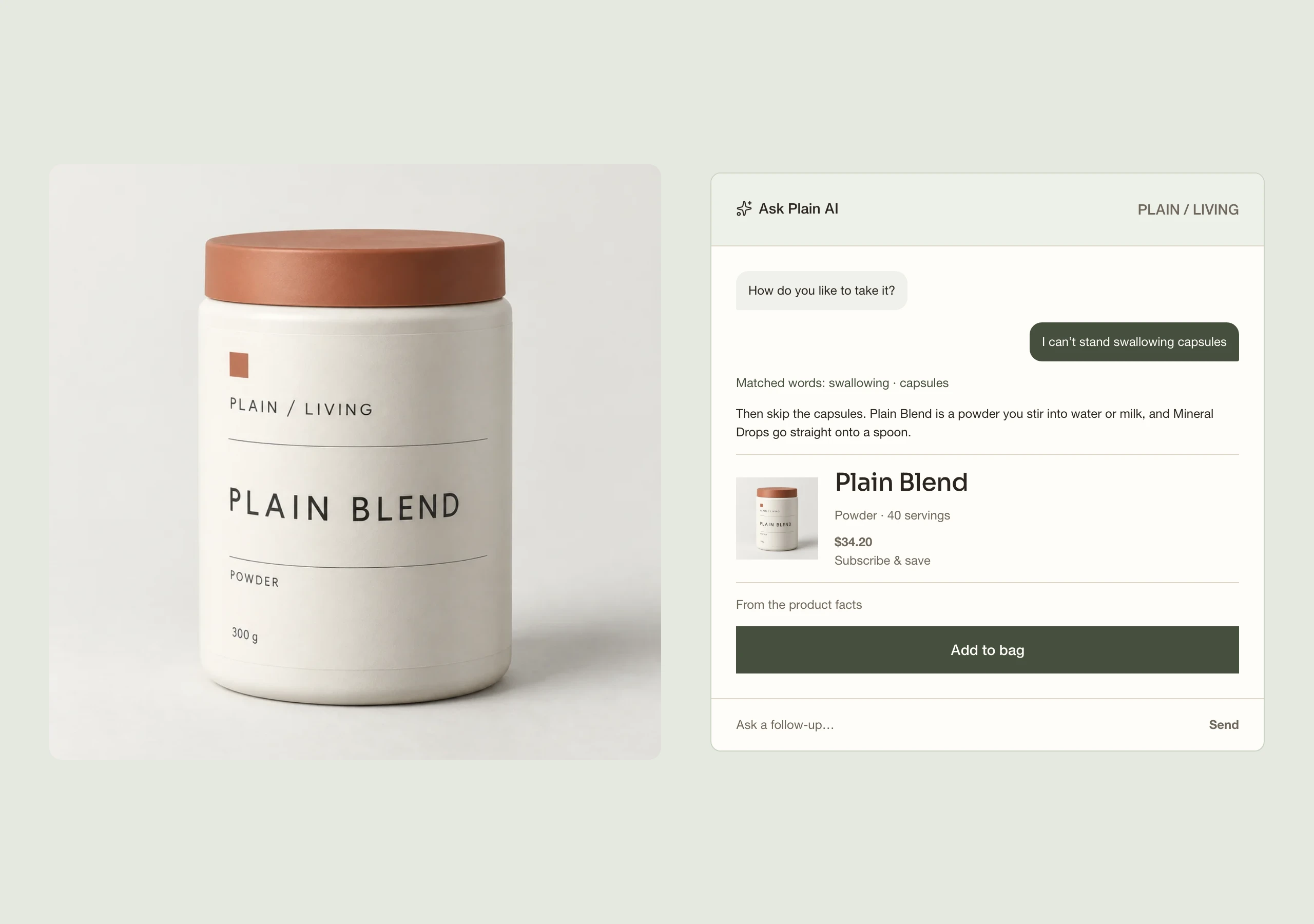 Ask Plain AI matching a product preference to Plain Blend with a priced recommendation