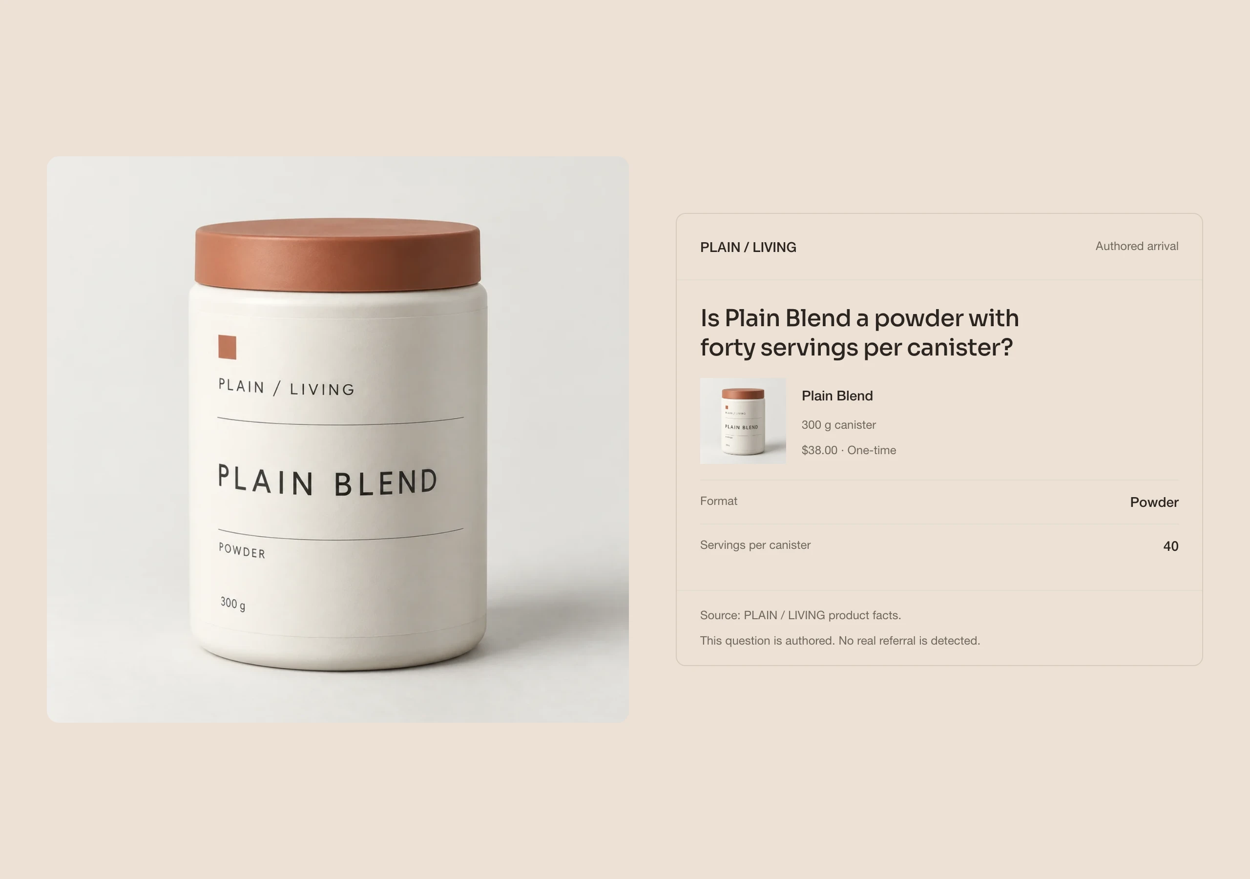 Plain Blend beside a contextual product page highlighting Powder and 40 servings from its declared facts