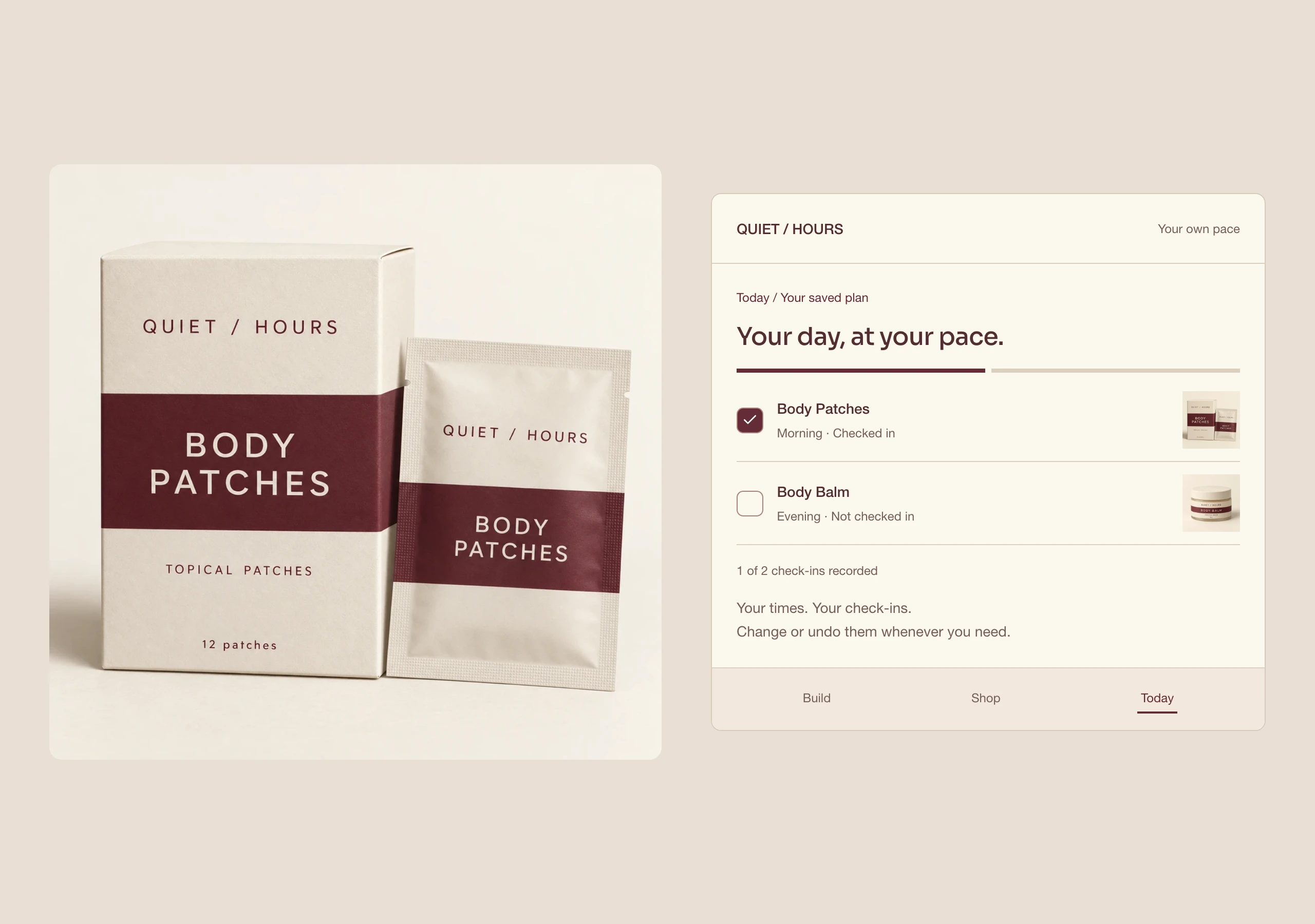 QUIET / HOURS Body Patches beside a saved two-product plan with chosen times and editable check-ins
