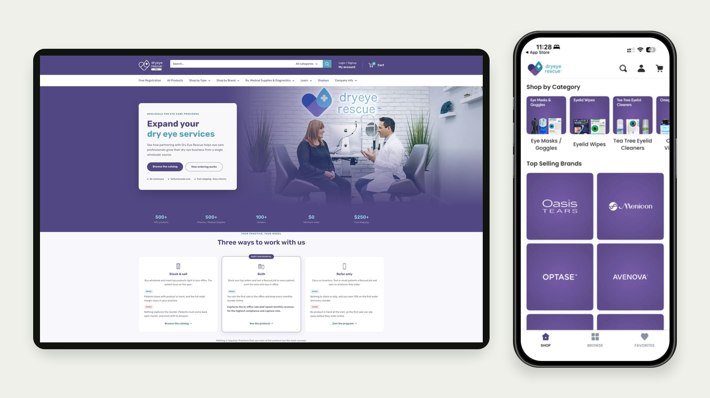 Original interface screenshots: How DryEye Rescue connected wholesale and consumer commerce
