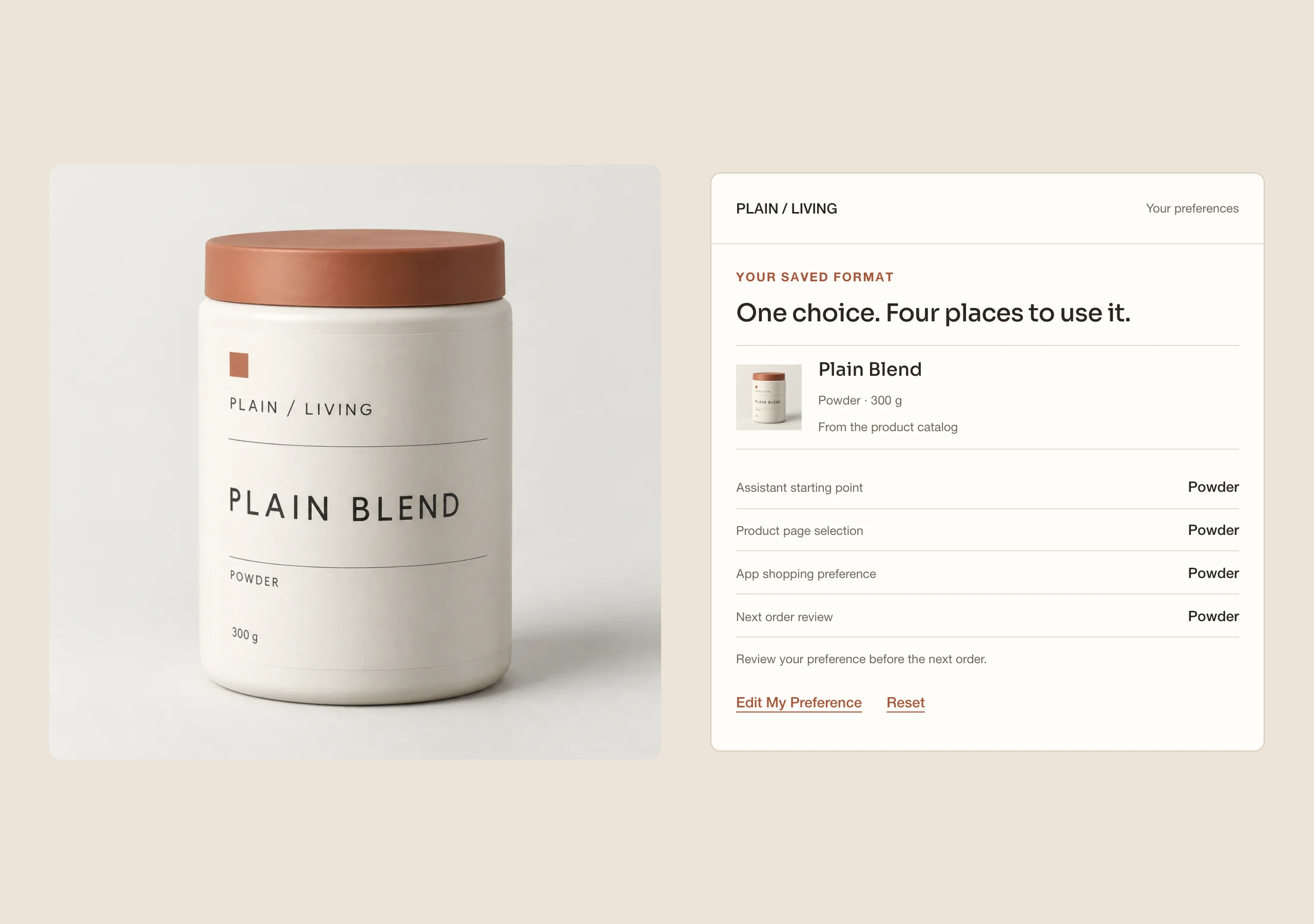 PLAIN / LIVING Plain Blend beside a saved Powder preference, its four shopping uses and edit and reset controls