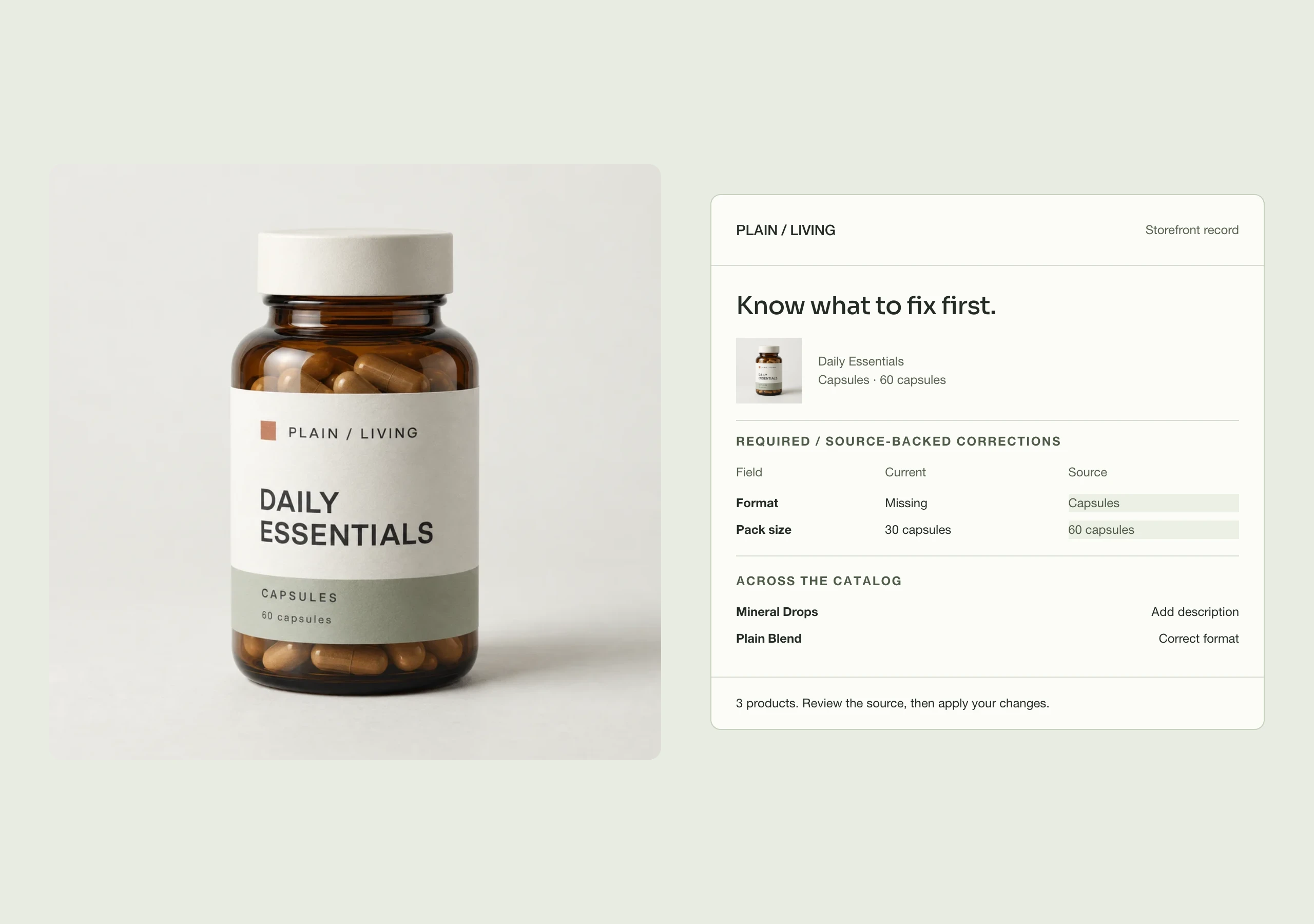 PLAIN / LIVING Daily Essentials beside source-backed field corrections and a three-product catalog worklist