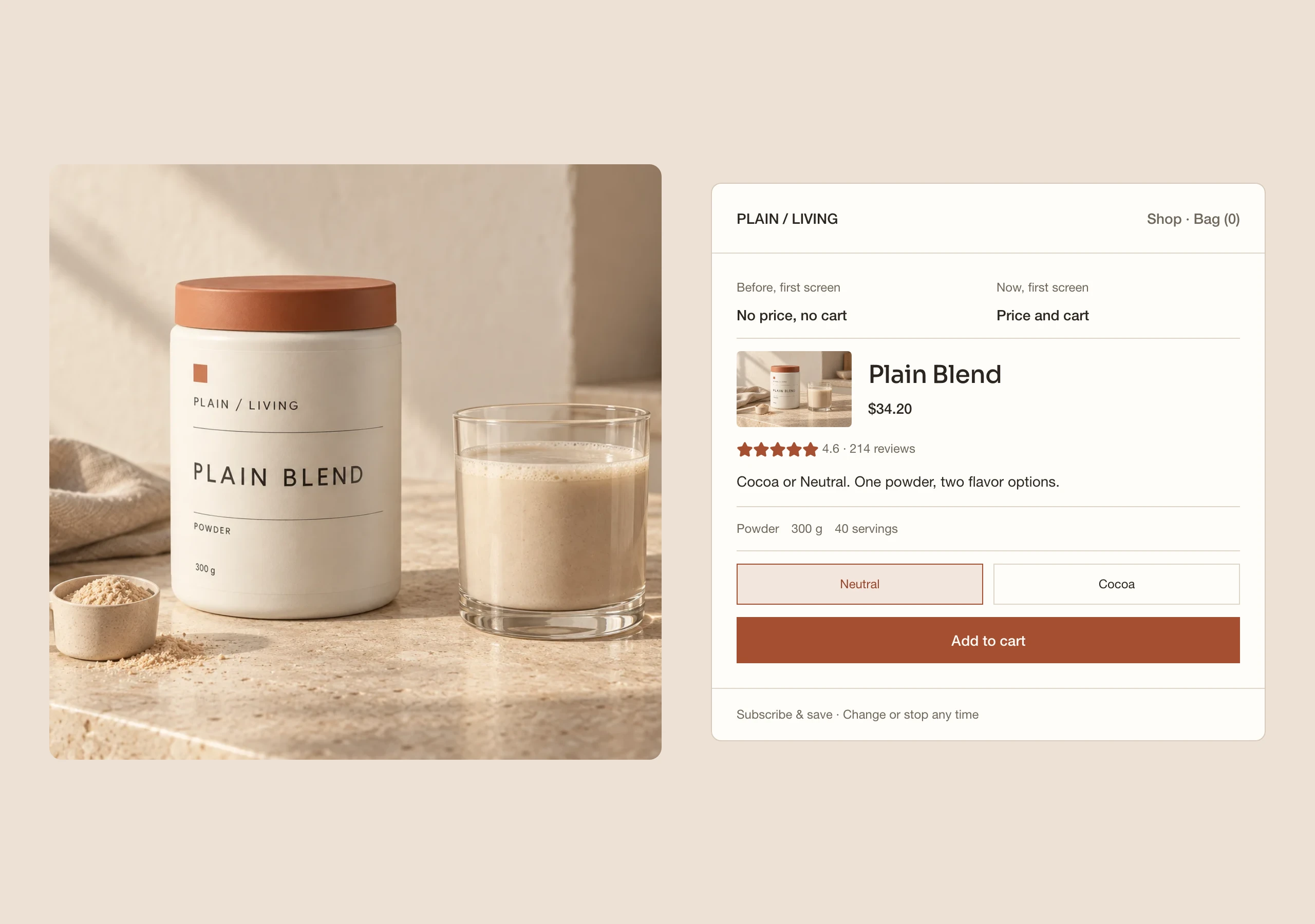 Plain Blend beside its product page, showing the price and Add to cart together